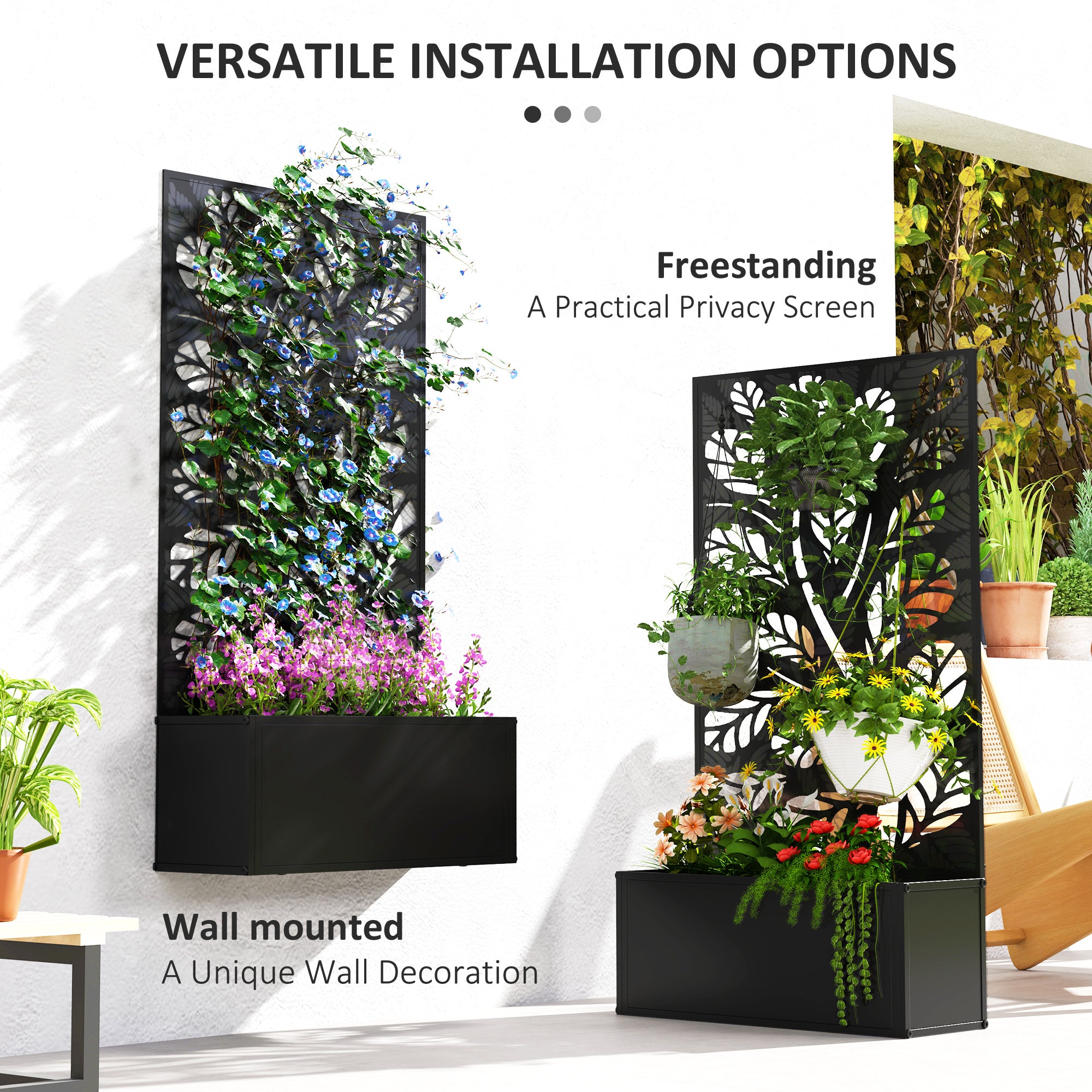 Outsunny Outdoor Metal Planter, with Back Trellis - Black - North Peak Garden Furniture