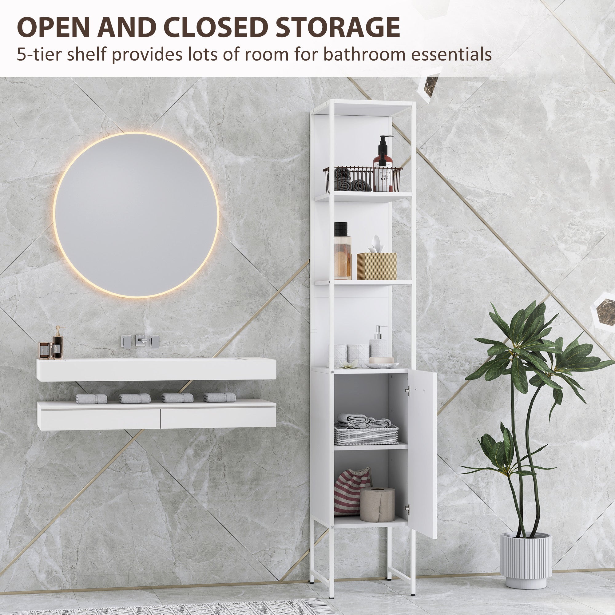 HOMCOM Tall Bathroom Cabinet with Open Shelves and Adjustable Shelf - White - North Peak Garden Furniture