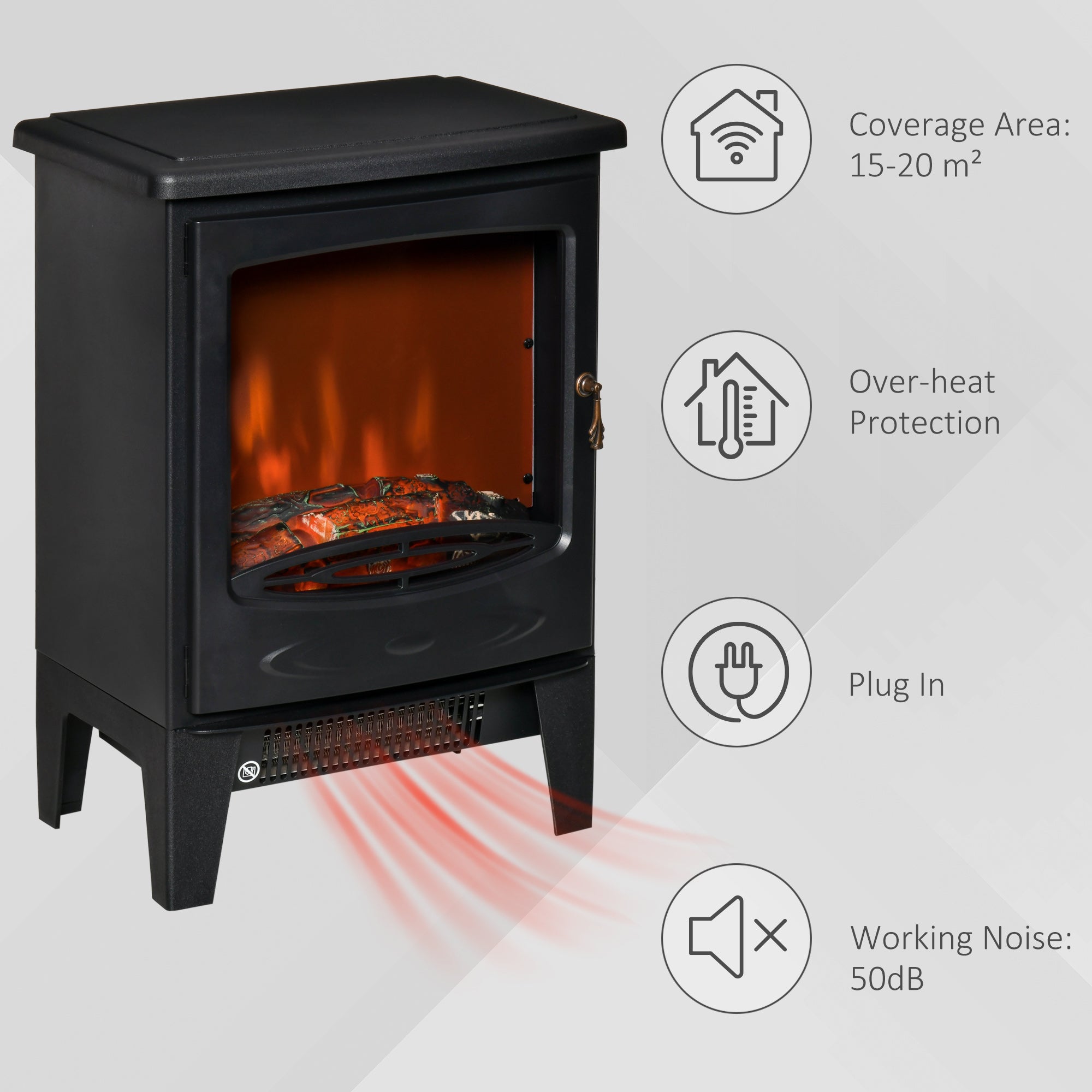 HOMCOM Electric Fireplace Stove, Free standing Fireplace Heater with Realistic LED Flame Effect, Overheat Safety Protection, 900W/1800W, Black - North Peak Garden Furniture