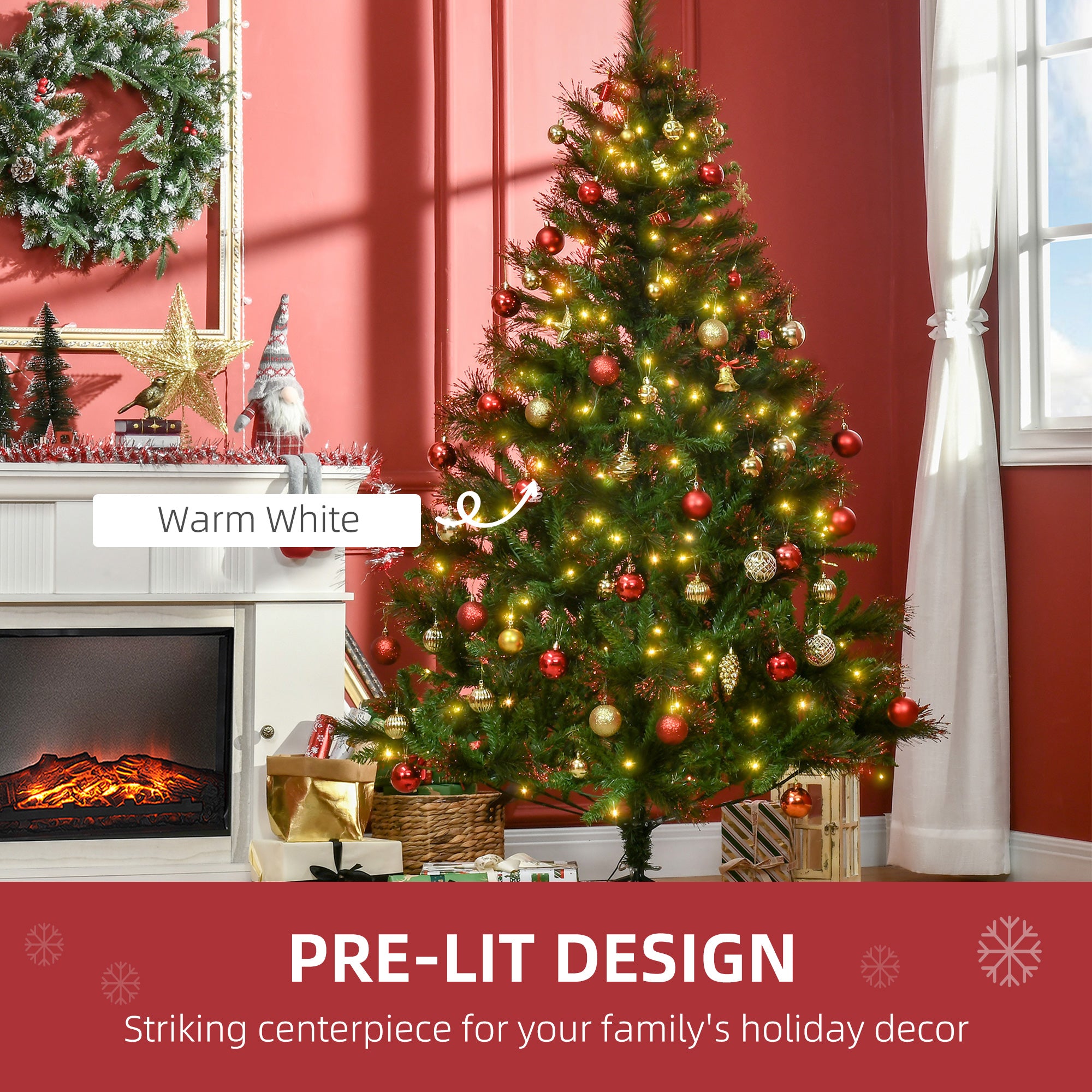 HOMCOM 1.8m 6ft Pre-Lit Christmas Tree Artificial Spruce Xmas Tree Warm White LED Holiday Décor with Metal Stand - North Peak Garden Furniture