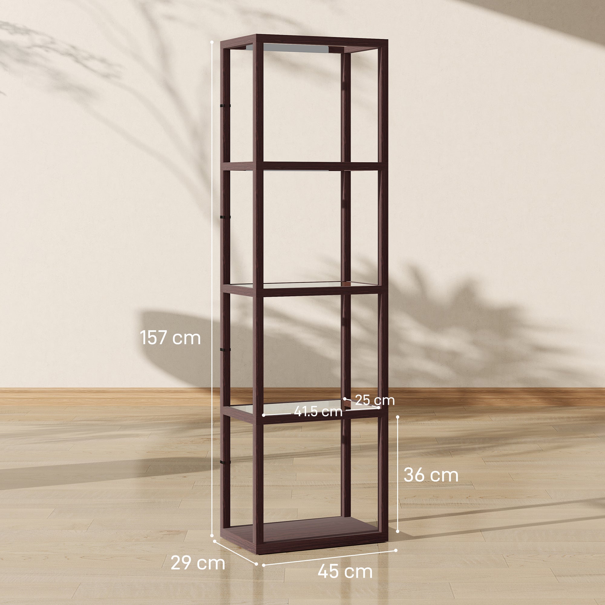 HOMCOM LED Floor Lamp with Glass Shelves, 4 Layers Dimmable Tall Standing Lamp, Modern Column Shelf Floor Light for Living Room, Bedroom, Office, Dark Brown