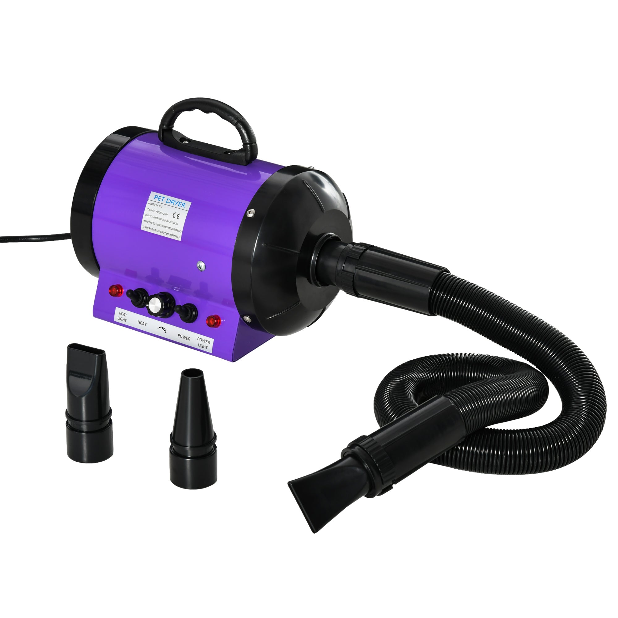 PawHut 2800W Dog Hair Dryer Pet Grooming Blaster Water Blower Dryer w/ 3 Nozzles, Purple - North Peak Garden Furniture