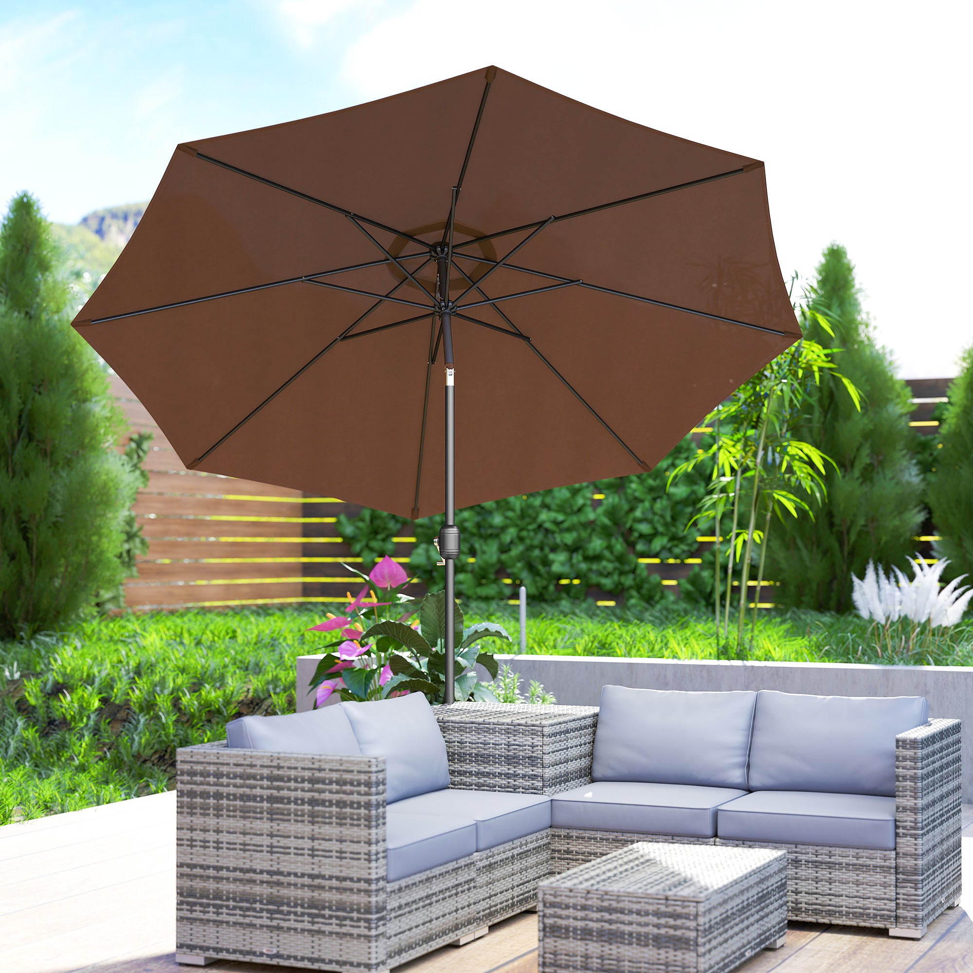 Outsunny 3(m) Tilting Parasol Garden Umbrellas, Outdoor Sun Shade with 8 Ribs, Tilt and Crank Handle for Balcony, Bench, Garden, Coffee