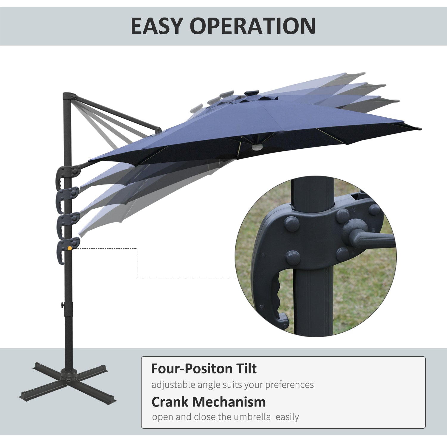 Outsunny 3(m) LED Cantilever Parasol Outdoor Sun Umbrella w/ Base Solar Lights Blue - North Peak Garden Furniture