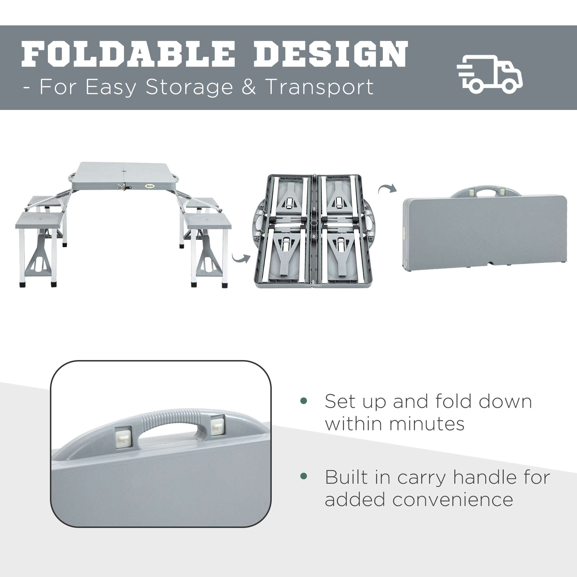 Outsunny Portable Camping Picnic Table, Foldable with Seats, Chairs and Umbrella Hole, 4-Kids Travel Table, Grey