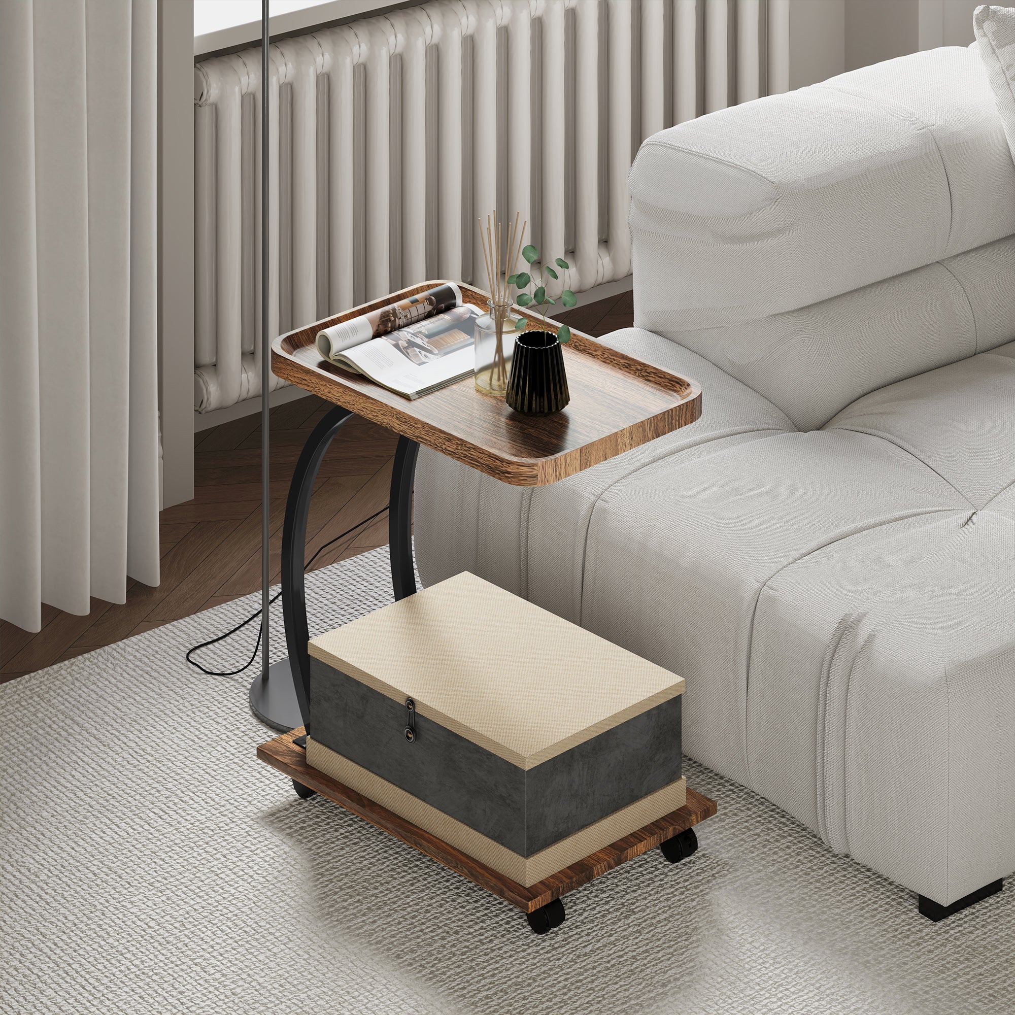 HOMCOM 2-Tier Mobile C-Shaped Side Table - Brown - North Peak Garden Furniture