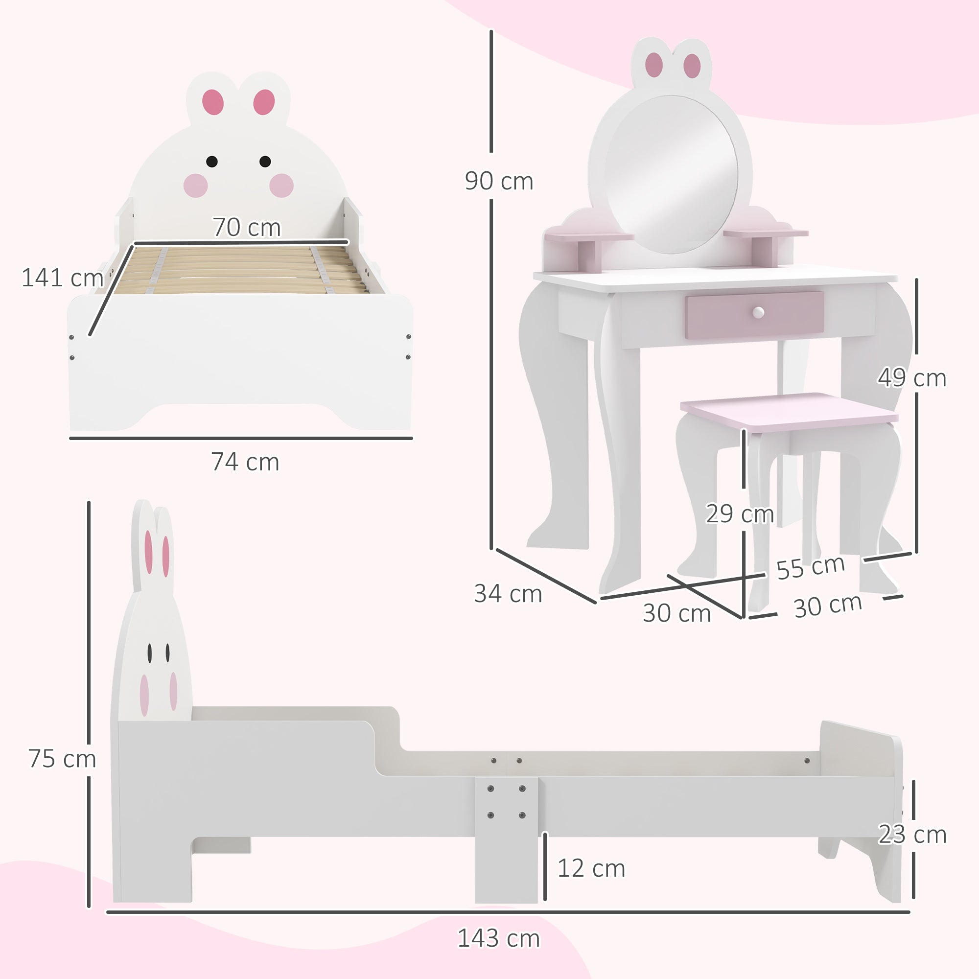 ZONEKIZ Wooden Kids Bedroom Furniture Set with Kids Dressing Table, Stool, Bed, for 3-6 Years, Bunny-Design - North Peak Garden Furniture