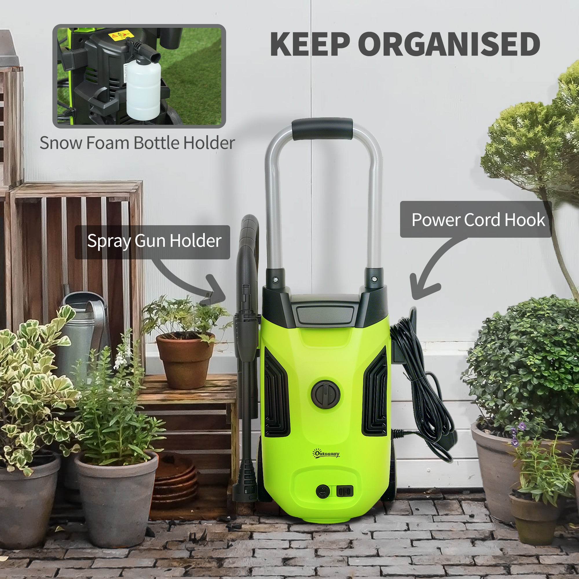 Outsunny 1800W High Pressure Washer, 150 Bar Pressure, 420 L/h Flow, Portable Electric Power Washer Jet Wash Cleaner with Adjustable Nozzle, 6M Hose, Steel Handle for Home Patio Car Driveway, Green - North Peak Garden Furniture