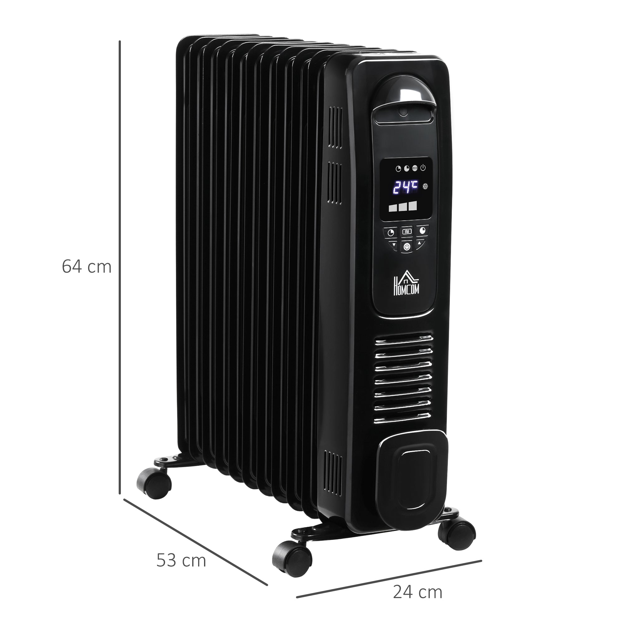 HOMCOM 2500W Digital Display Oil Filled Radiator, 11Fin Portable Electric Heater with Timer, Adjustable Thermostat, Three Heat settings, Safety Cut Off, Remote, Black - North Peak Garden Furniture