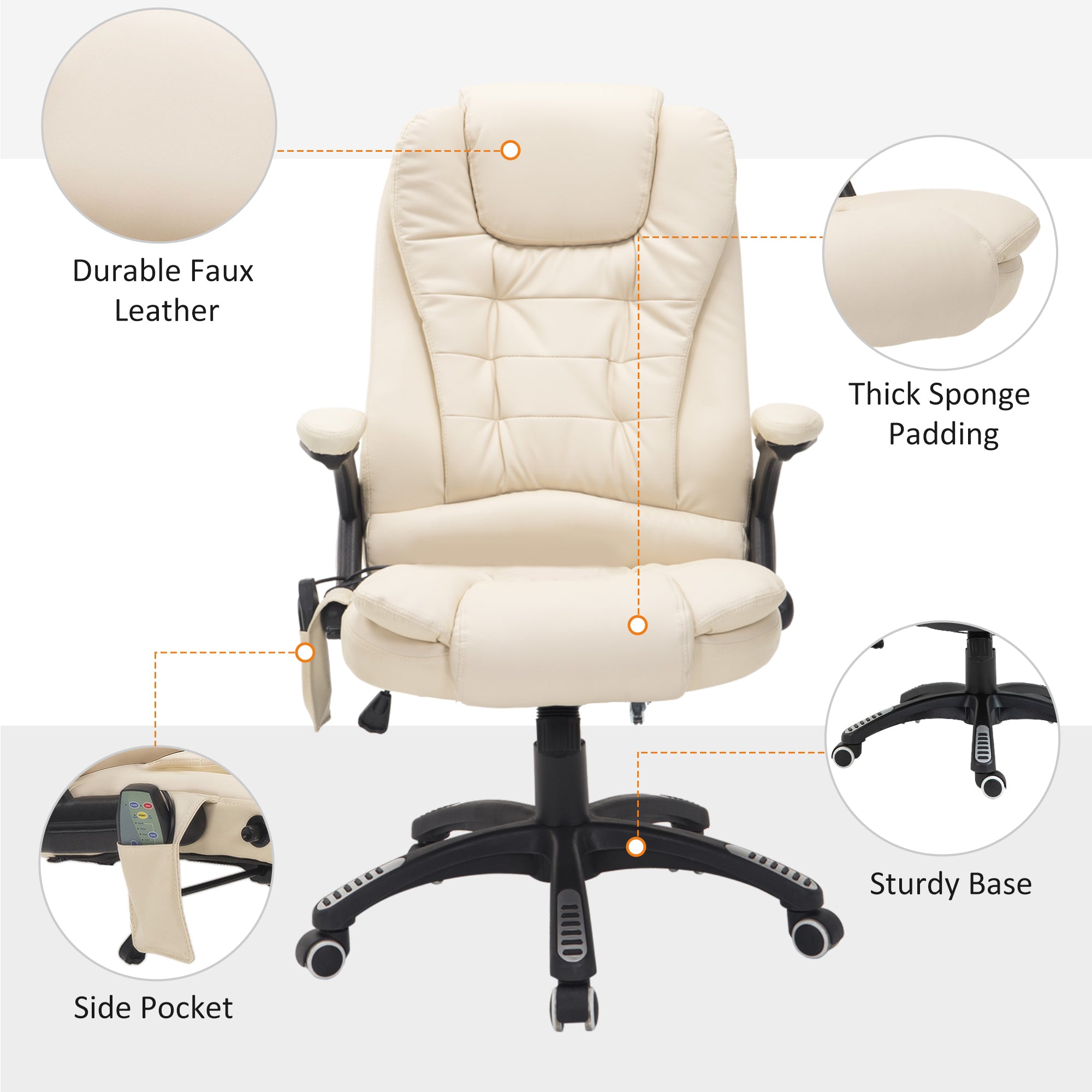 HOMCOM Heated Massage Office Chair, PU Leather Executive Office Chair with High Back, Tilt and Reclining Function, Beige - North Peak Garden Furniture