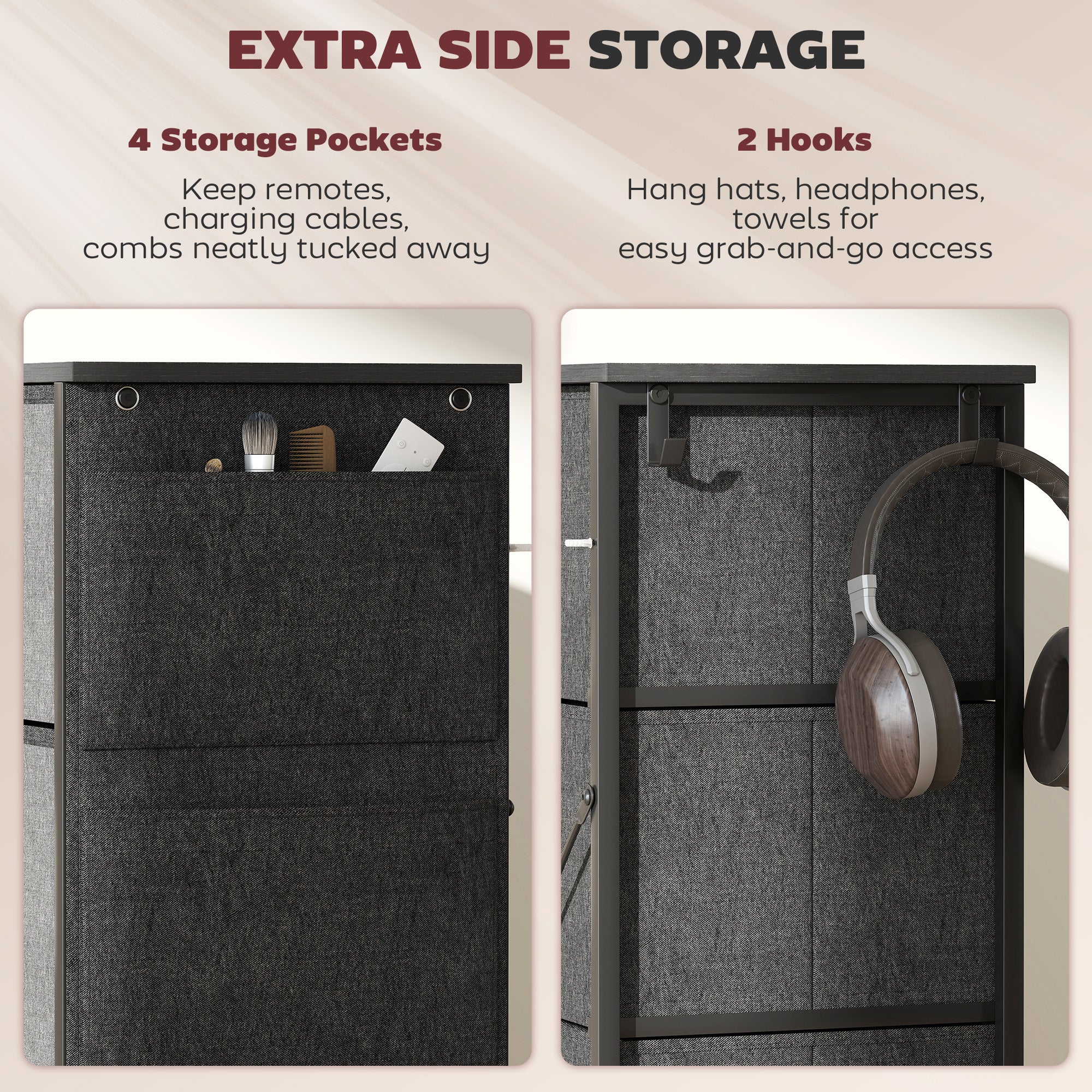 HOMCOM Chest of Drawers, Dresser with 5 Fabric Drawers, Tall Storage Unit with 4 Pockets and 2 Hooks Steel Frame, Charcoal Grey