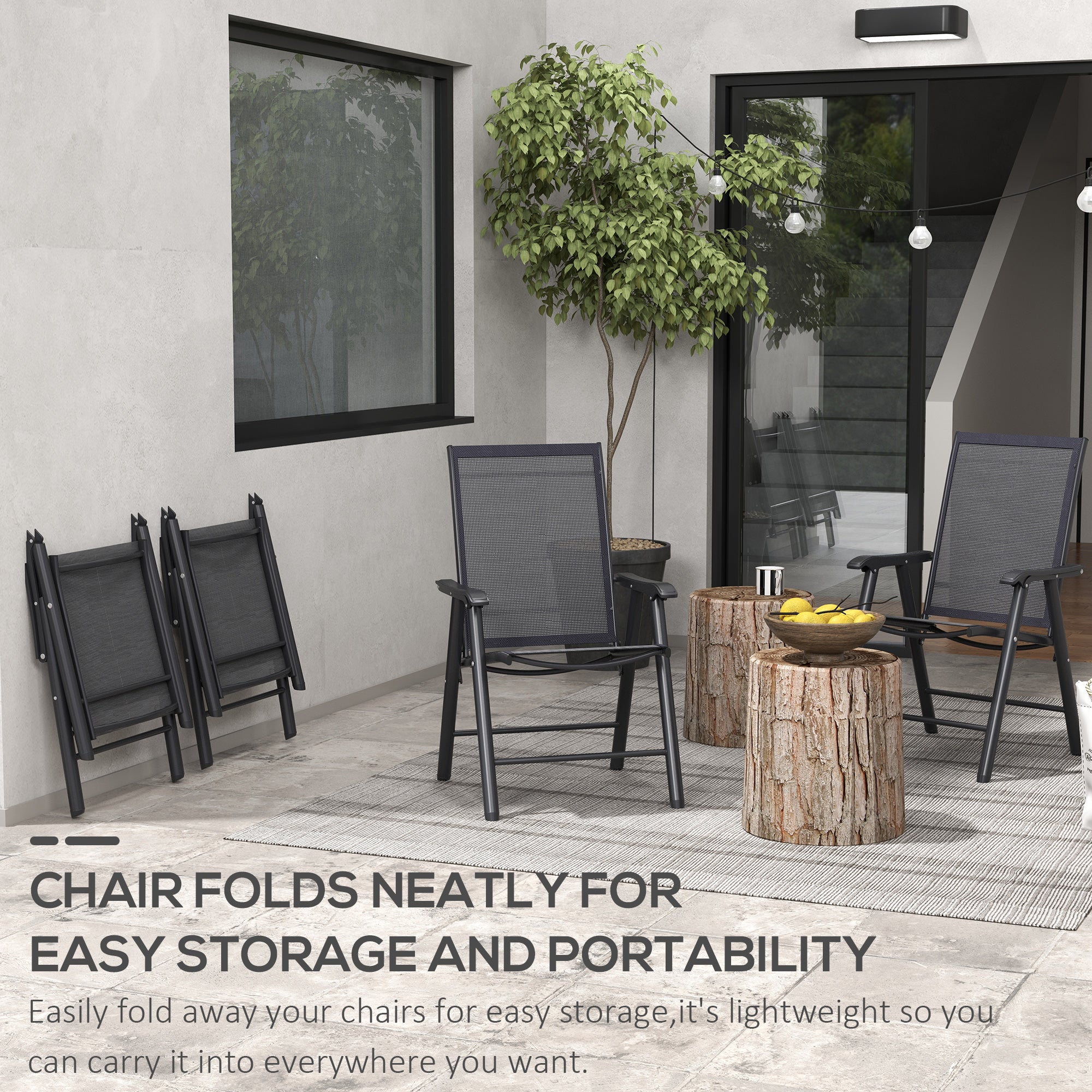 Outsunny Set of 4 Foldable Metal Garden Chairs Outdoor Patio Park Dining Seat Furniture Black - North Peak Garden Furniture