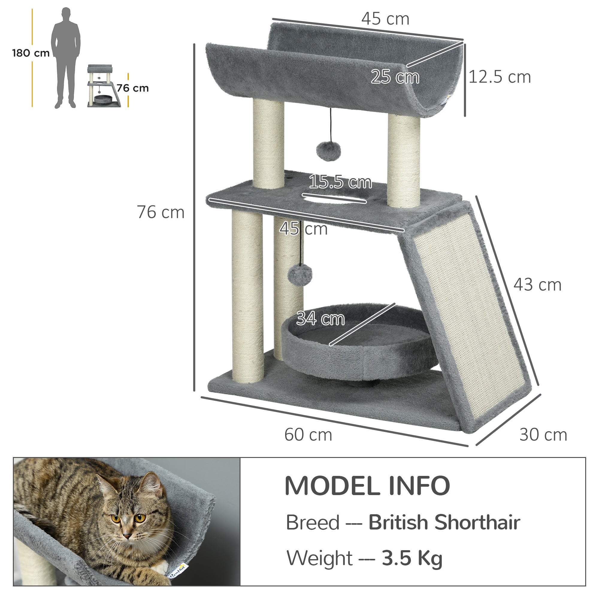 PawHut Cat Tree Tower, with Scratching Posts, Pad, Bed, Perch, Toy Ball - Light Grey - North Peak Garden Furniture