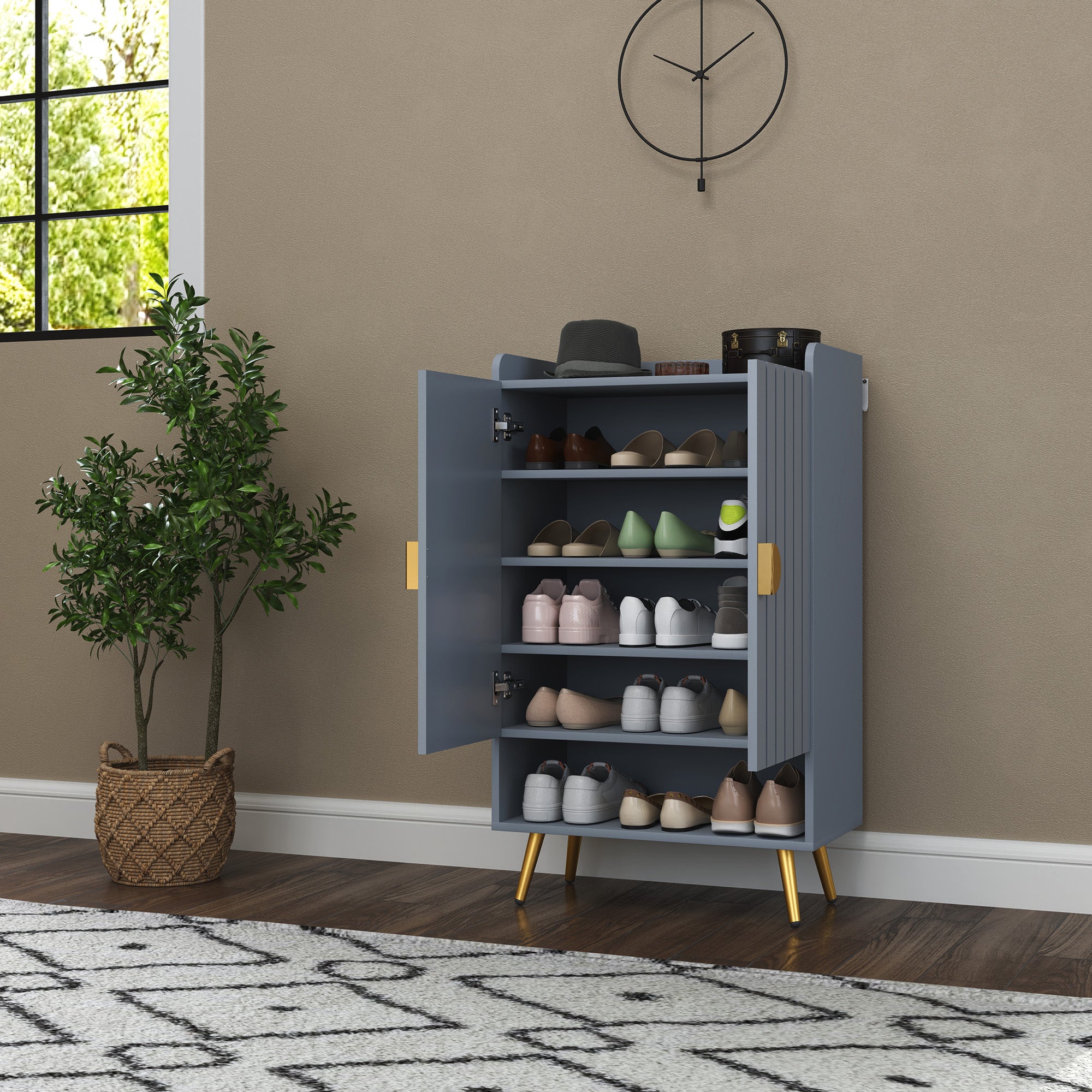 HOMCOM Modern Shoe Cabinet with 2 Doors, Open Shelf and Adjustable Shelves, 15 Pair Hallway Shoe Cupboard, Entryway Storage Unit, Light Grey - North Peak Garden Furniture