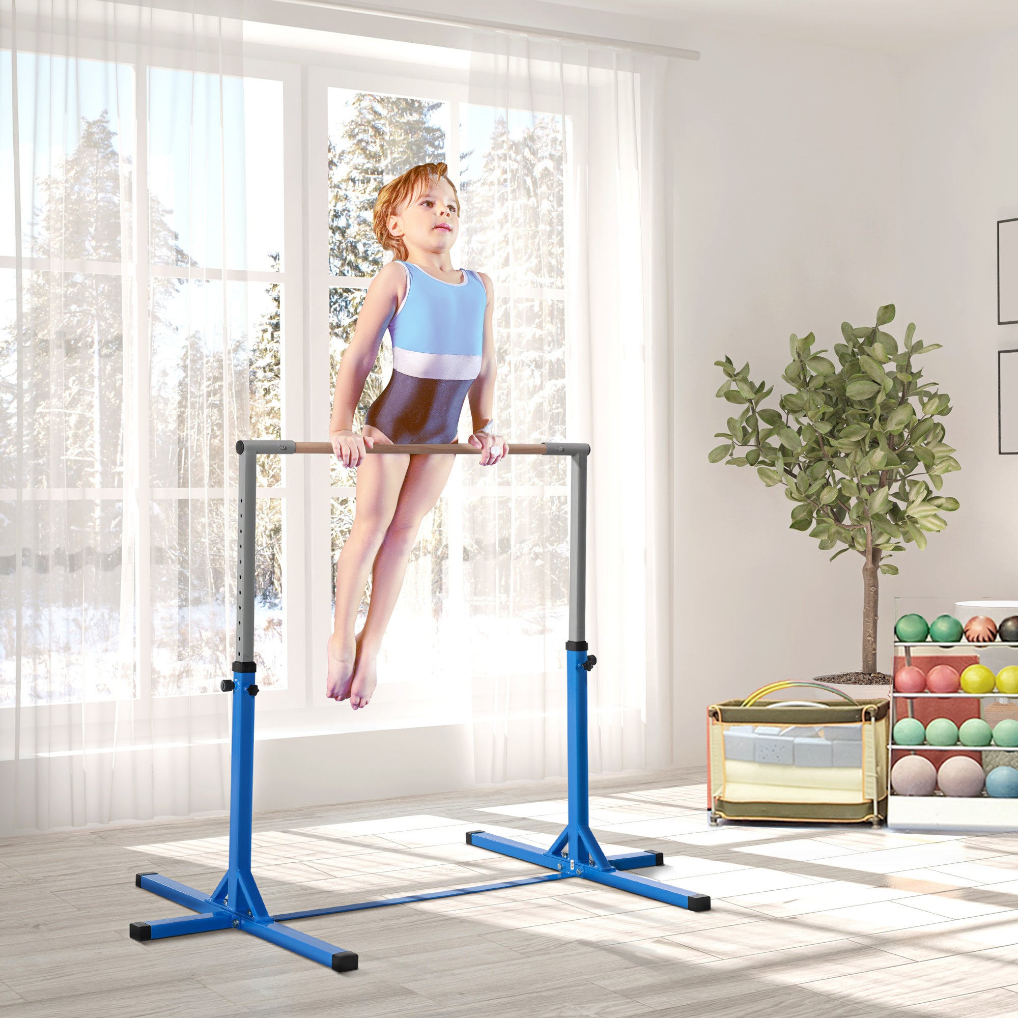 HOMCOM Height Adjustable Gymnastics Horizontal Bar For Kids Home Gym Training Children Junior Kip High Bar Fitness Blue