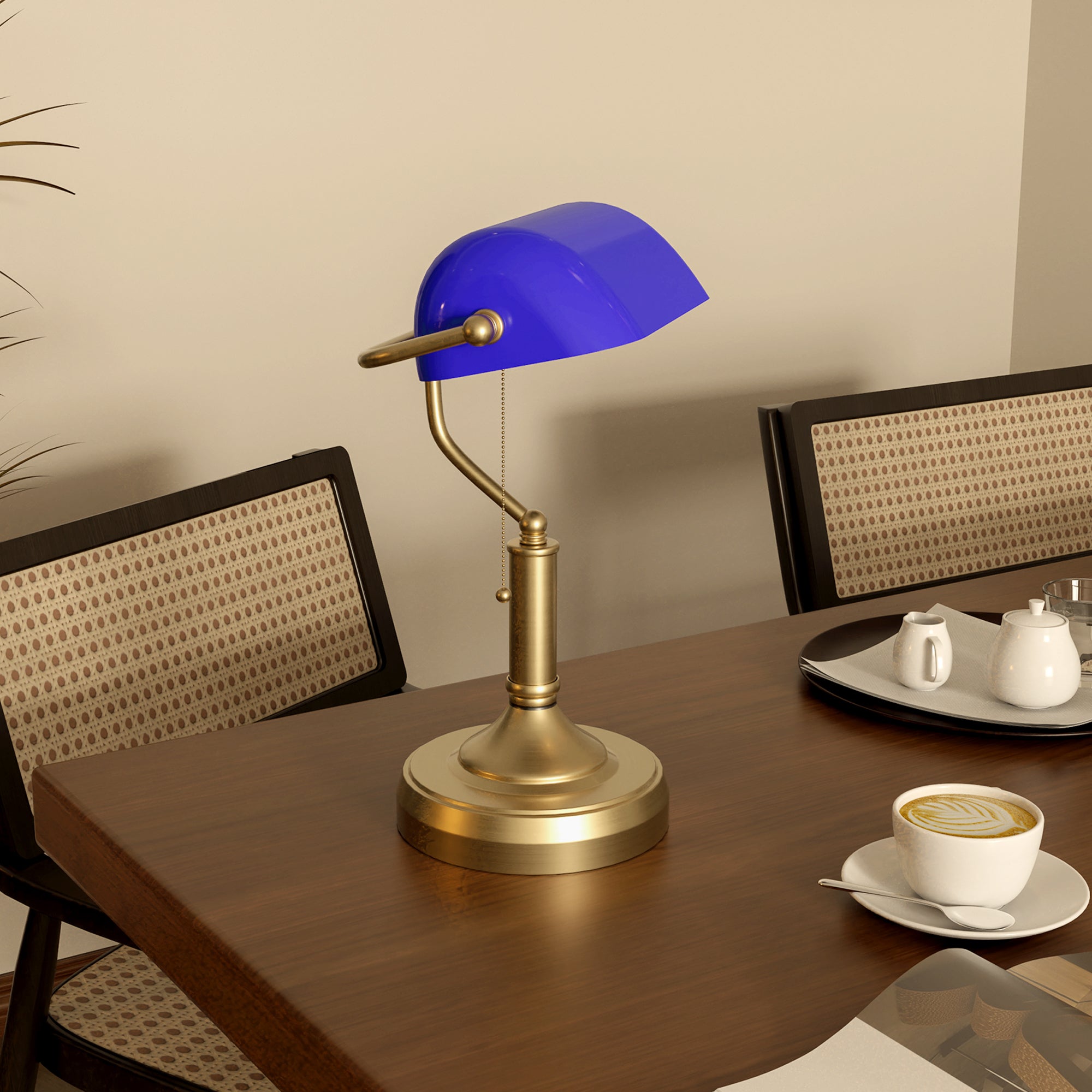 HOMCOM Banker's Desk Lamp with Antique Bronze Tone Base, Table Lamp with Blue Glass Shade for Home Office, Blue - North Peak Garden Furniture