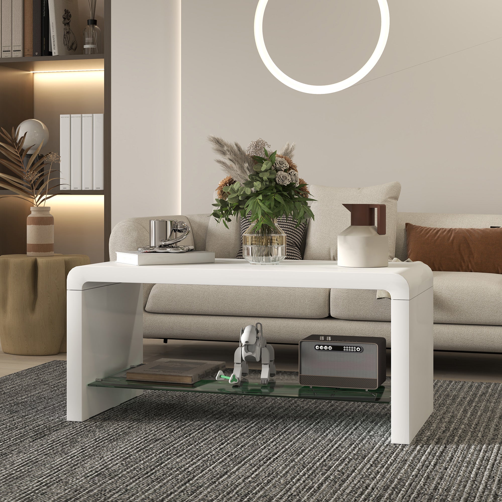 HOMCOM Curved Two-Tier Coffee Table - High Gloss White - North Peak Garden Furniture