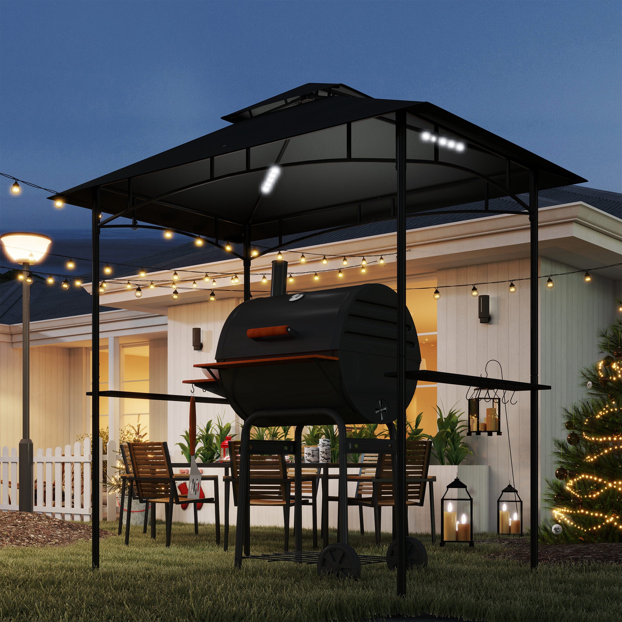 Outsunny 8' x 5' Grill Gazebo, Double Tiered BBQ Gazebo Shelter Canopy with LED Lights, 2 Side Shelves, Hooks, Dark Grey - North Peak Garden Furniture