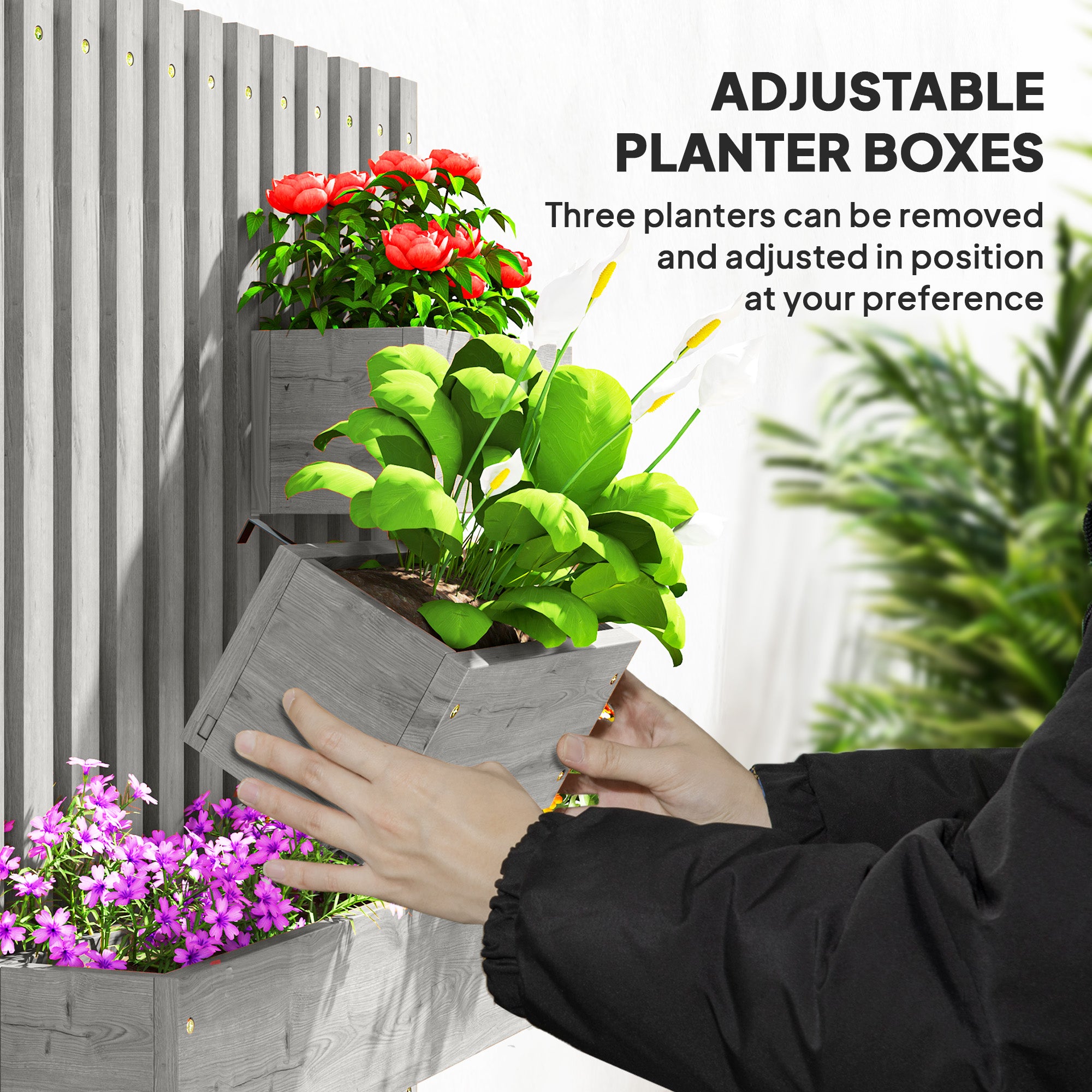Outsunny Wall-mounted Wooden Garden Planters with Trellis, Drainage Holes and 3 Planter Boxes for Patio, Grey - North Peak Garden Furniture