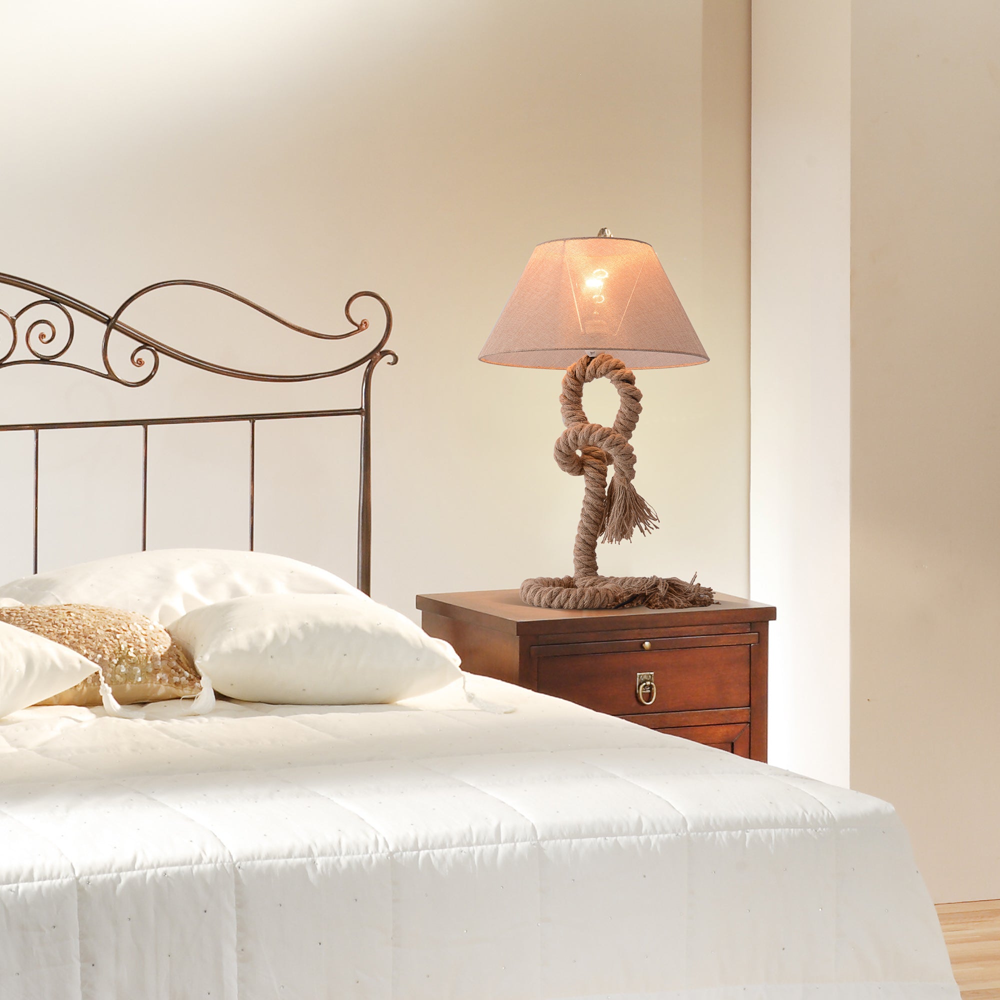 HOMCOM Table Lamp Bedside Light Indispensable Nautical Twisted Rope Glow E27 Bedroom Living Room Beige - North Peak Garden Furniture