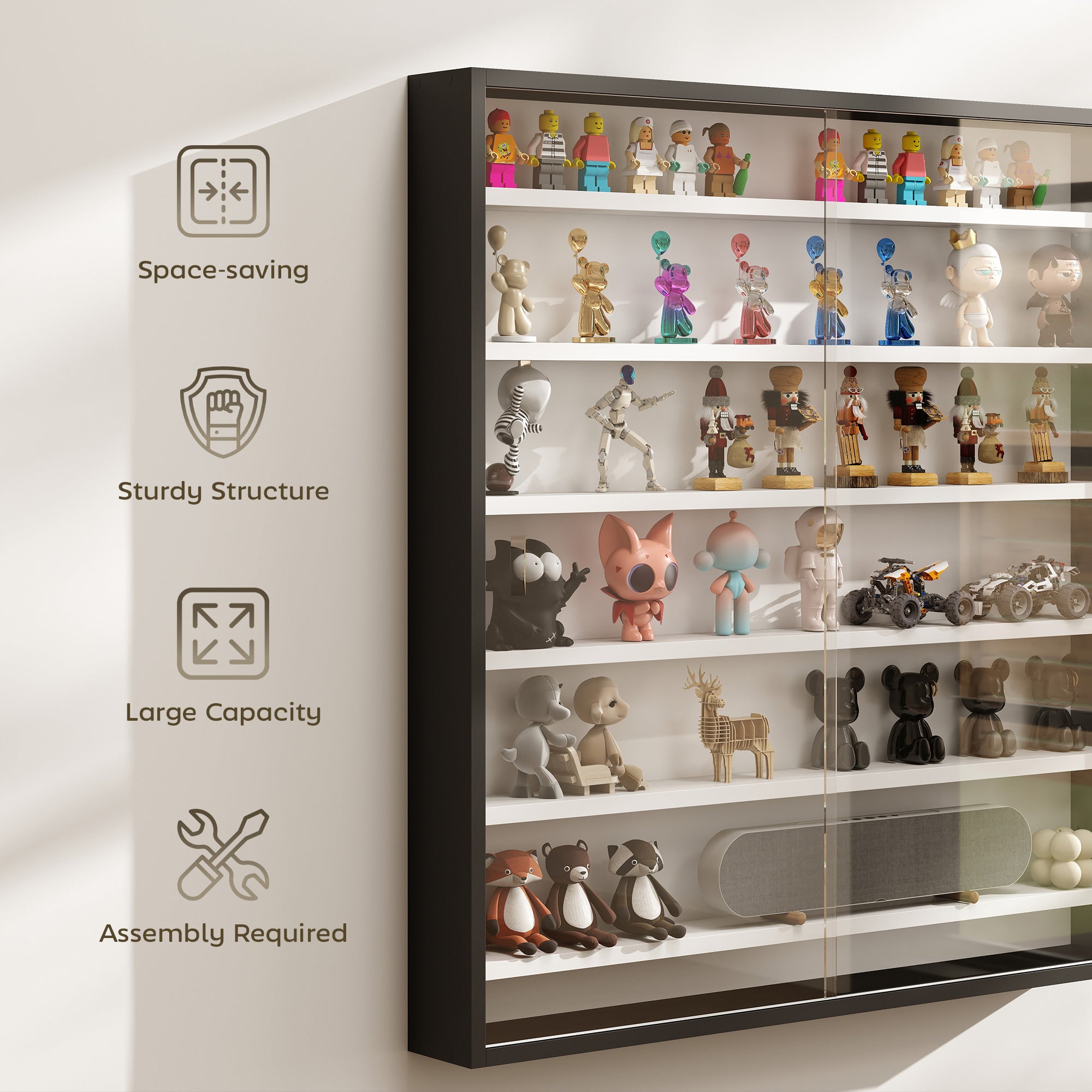 HOMCOM Six Shelf Display Cabinet, with Glass Doors - Black and White