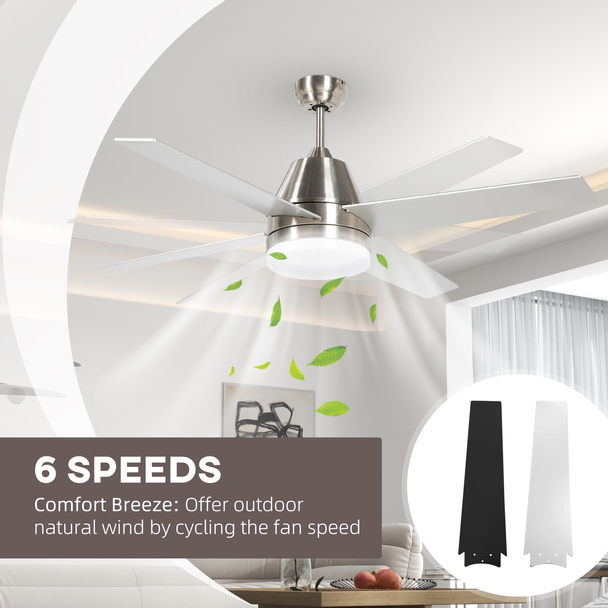 HOMCOM Ceiling Fan with LED Light, Flush Mount Ceiling Fan Lights with Reversible Blades, Remote, Silver and Black - North Peak Garden Furniture