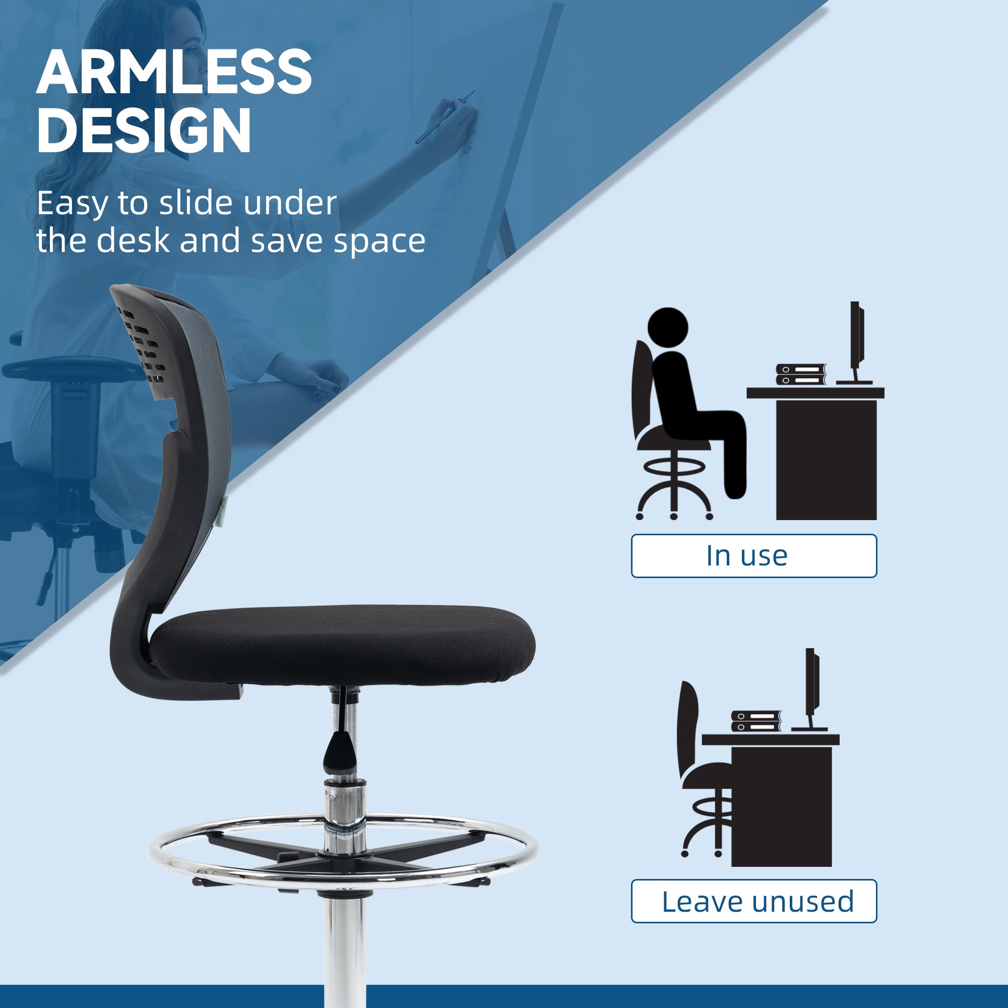 Vinsetto Drafting Chair, Swivel Office Draughtsman Chair, Mesh Standing Desk Chair with Lumbar Support, Adjustable Foot Ring, Armless, Grey - North Peak Garden Furniture