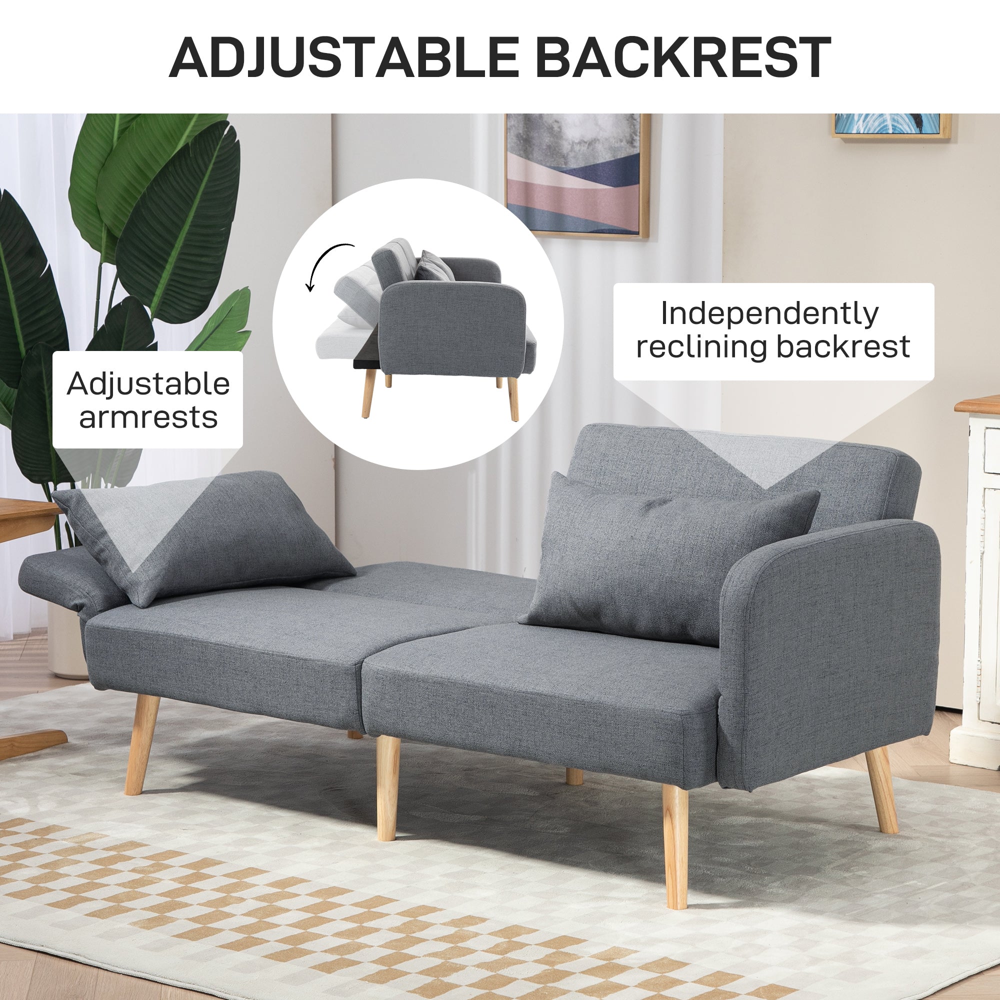 HOMCOM Two-Seater Click-Clack Sofa Bed, with Pillows - Grey - North Peak Garden Furniture