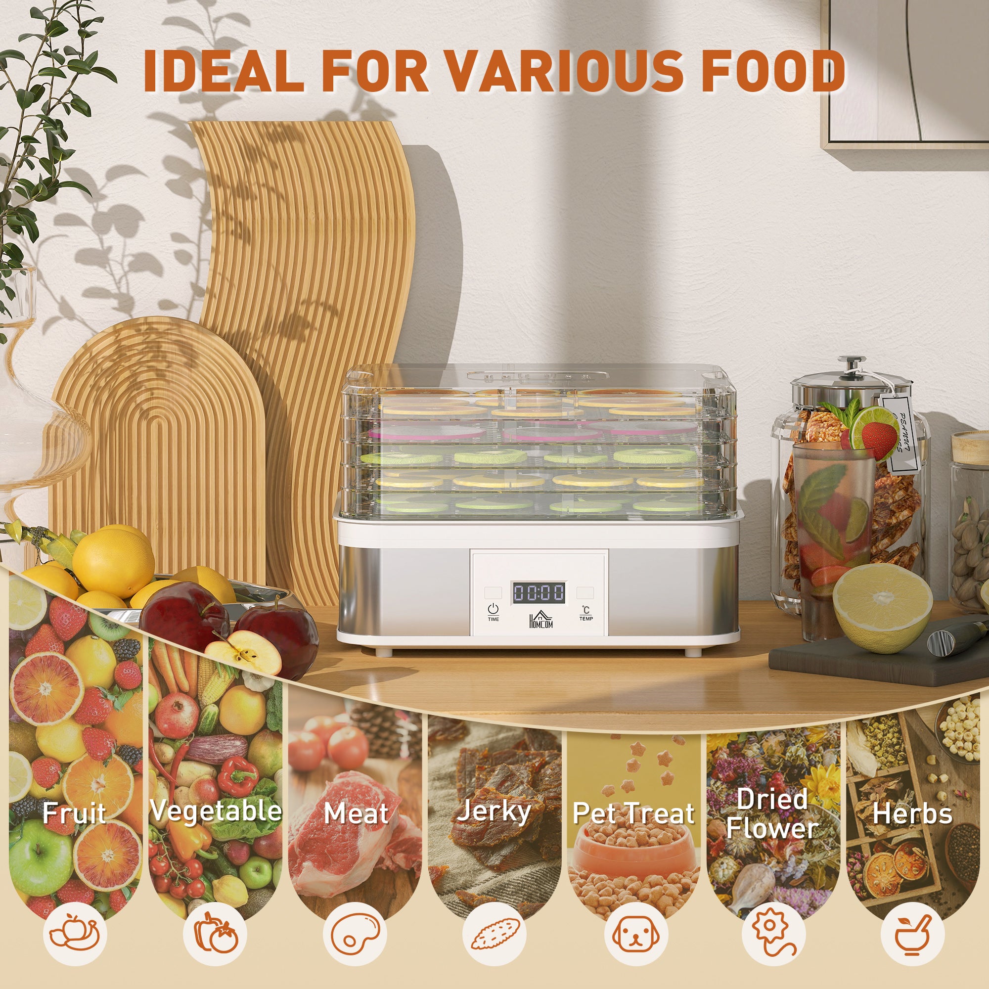 HOMCOM 5 Tier Food Dehydrator, 245W Stainless Steel Food Dryer Machine with Adjustable Temperature, Timer and LCD Display for Drying Fruit, Meat, Vegetable, Jerky and Pet Treat, White - North Peak Garden Furniture