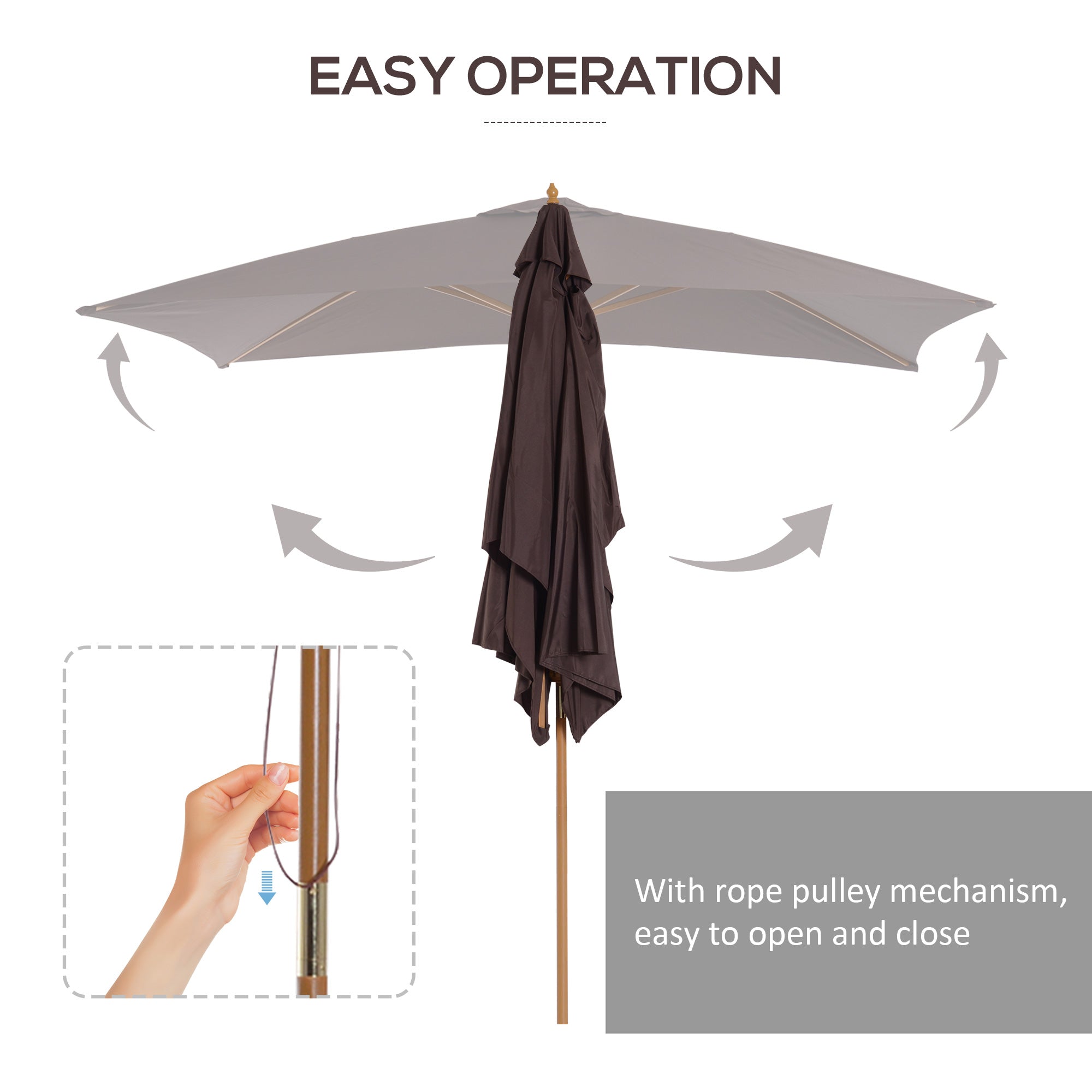 Outsunny 2 x 3m Wooden Garden Parasol Umbrella Outdoor Sun Shade Canopy, Dark Coffee - North Peak Garden Furniture