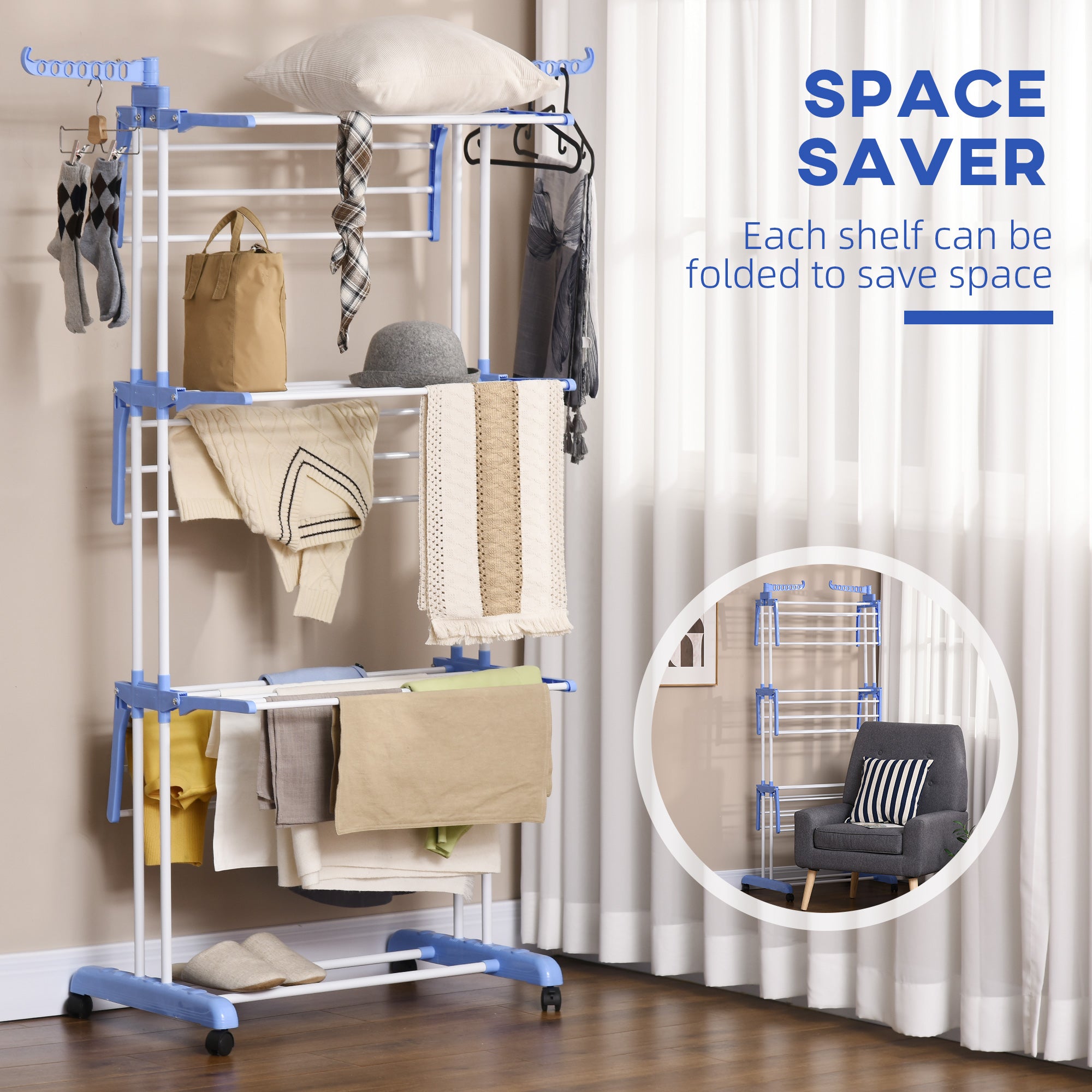 HOMCOM Foldable Clothes Drying Rack, 4-Tier Steel Garment Laundry Rack with Castors for Indoor and Outdoor Use, Blue - North Peak Garden Furniture