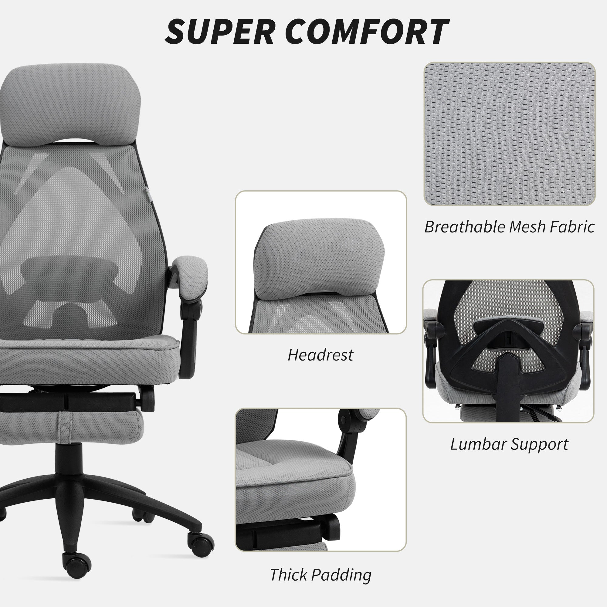 Vinsetto Office Chair with Footrest, High Back Swivel Desk Chair with Adjustable Height and Headrest for Home Office, Dark Grey - North Peak Garden Furniture