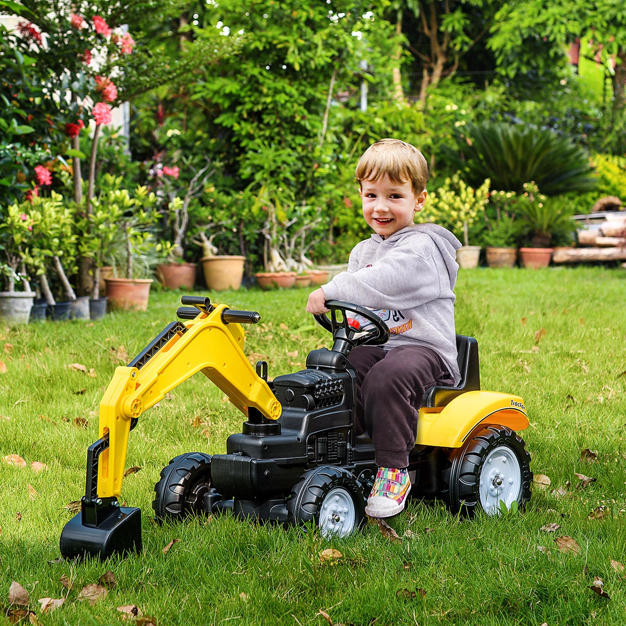 HOMCOM Kids Ride on Digger Pedal Go Kart Pretend Play Construction No Power Truck with Horn for 3 - 6 Years, Yellow - North Peak Garden Furniture