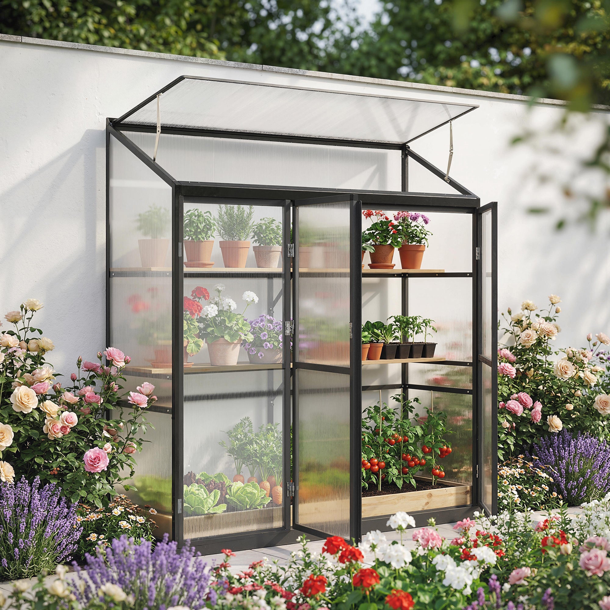 Outsunny 6 x 1.5ft Polycarbonate Greenhouse, Quick Setup, Lean-to Green House with 3 Hinged Doors, Top Vent, Black
