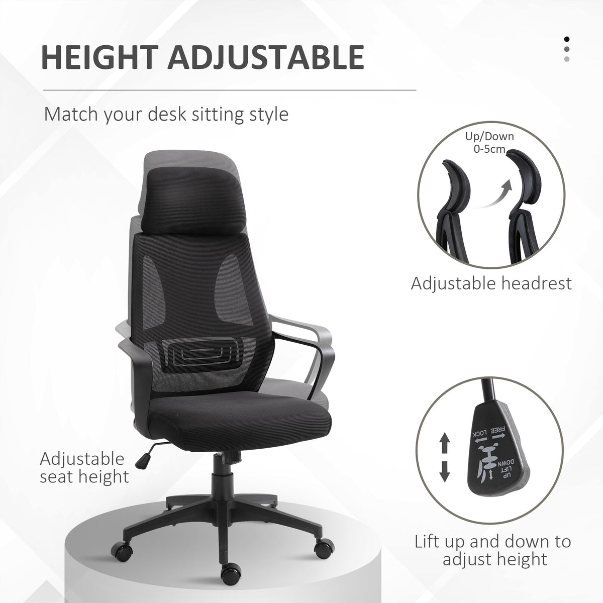 Vinsetto Ergonomic Office Chair, High Back Computer Chair, Mesh Desk Chair with Lumbar Support, Headrest, Wheel, Adjustable Height, Black