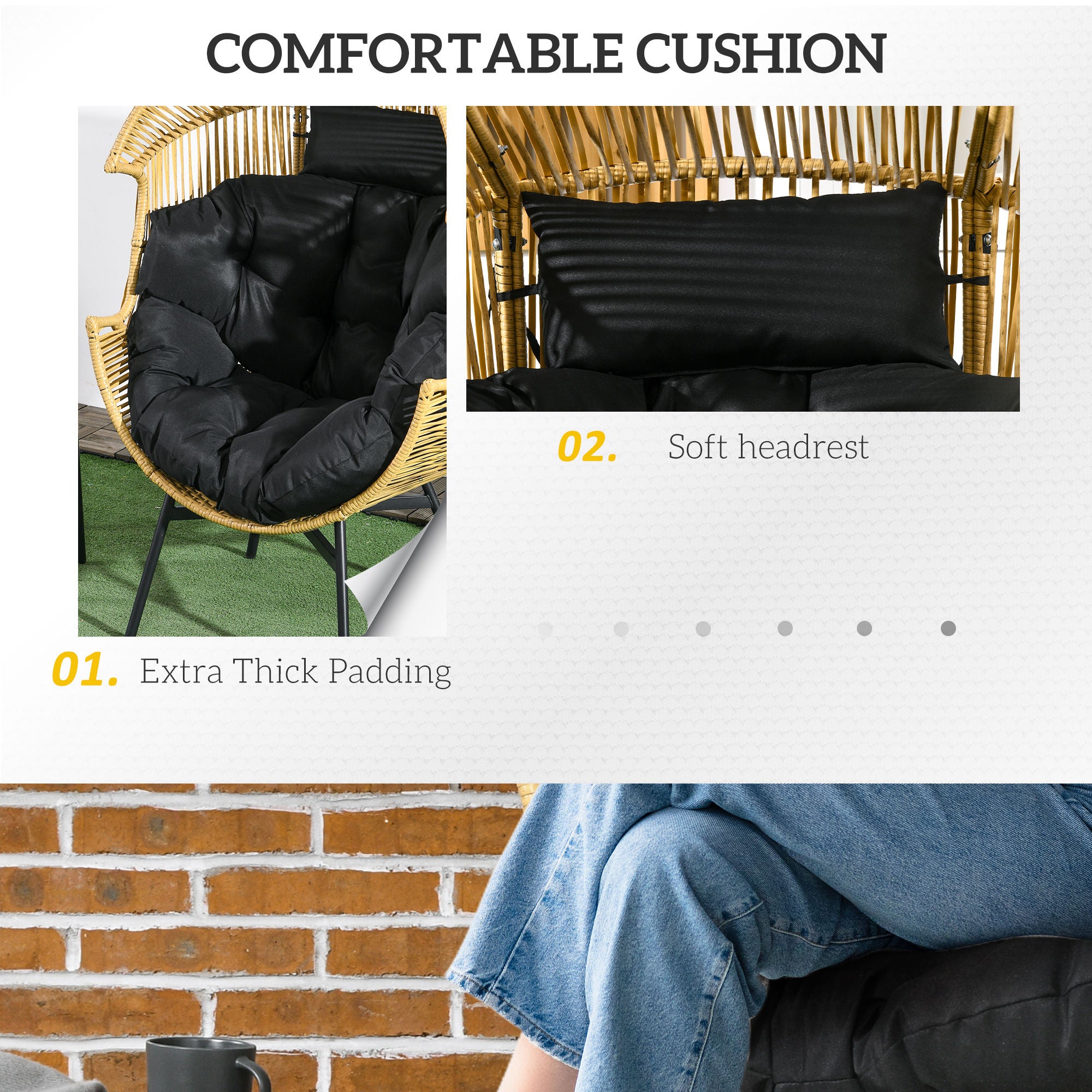 Outsunny String Rattan Egg Chair, with Padded Seat Cushion - Sand/Black - North Peak Garden Furniture
