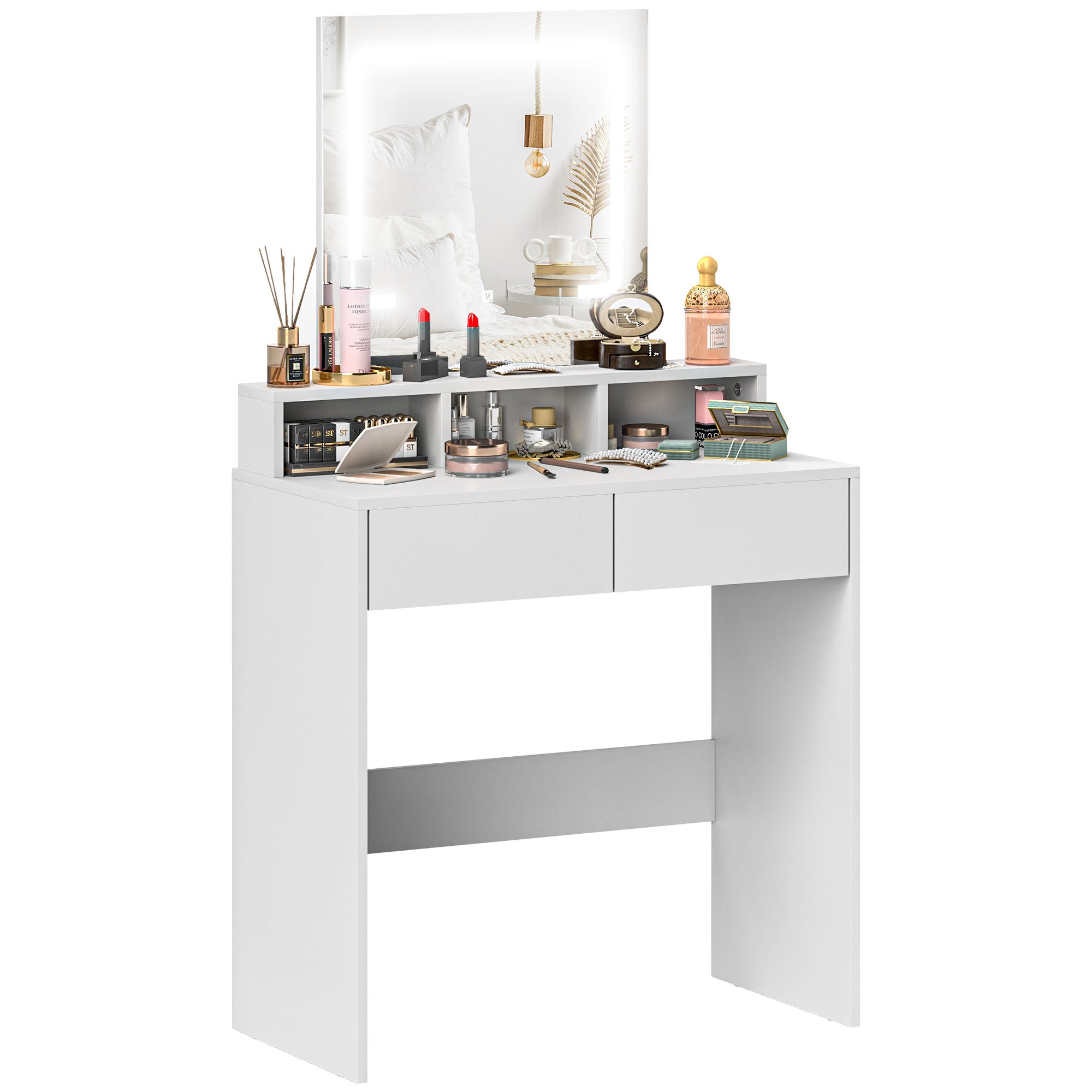 HOMCOM Dressing Table with Mirror and LED Lights, Vanity Table with 2 Drawers, 3 Compartments, 3 Colour Lighting, for Bedroom, Modern Dresser Makeup Desk for Women and Girls, White - North Peak Garden Furniture