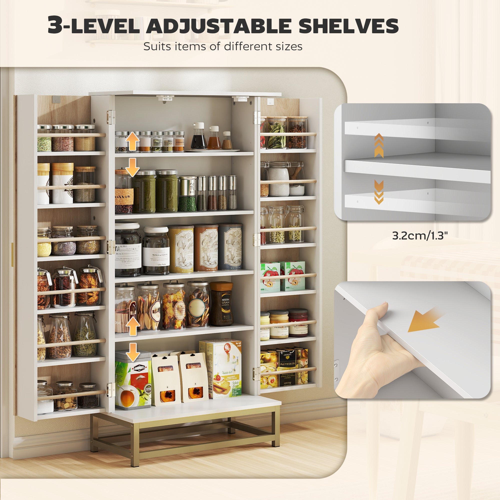 HOMCOM 119.5 cm Kitchen Cupboard, Freestanding Kitchen Cabinet with Double Doors, 5 Tiers, 12 Spice Racks, White