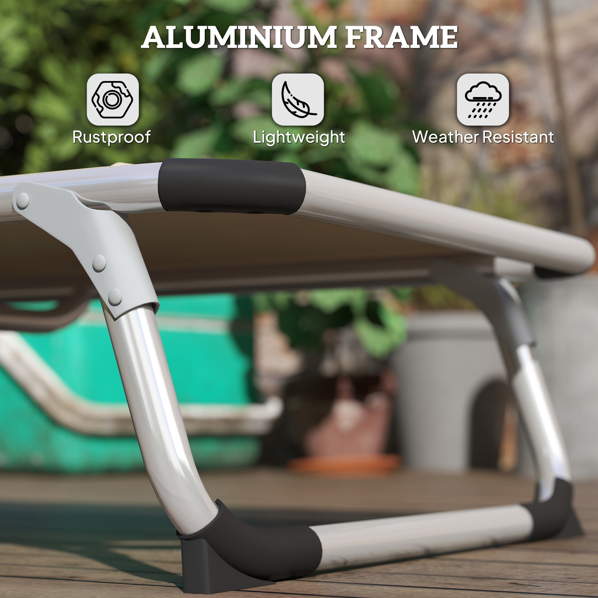 Outsunny Foldable Outdoor Sun Lounger, Reclining Lounge Chair Camping Bed Cot with Pillow 4-Level Adjustable Back Aluminium Frame, Khaki - North Peak Garden Furniture