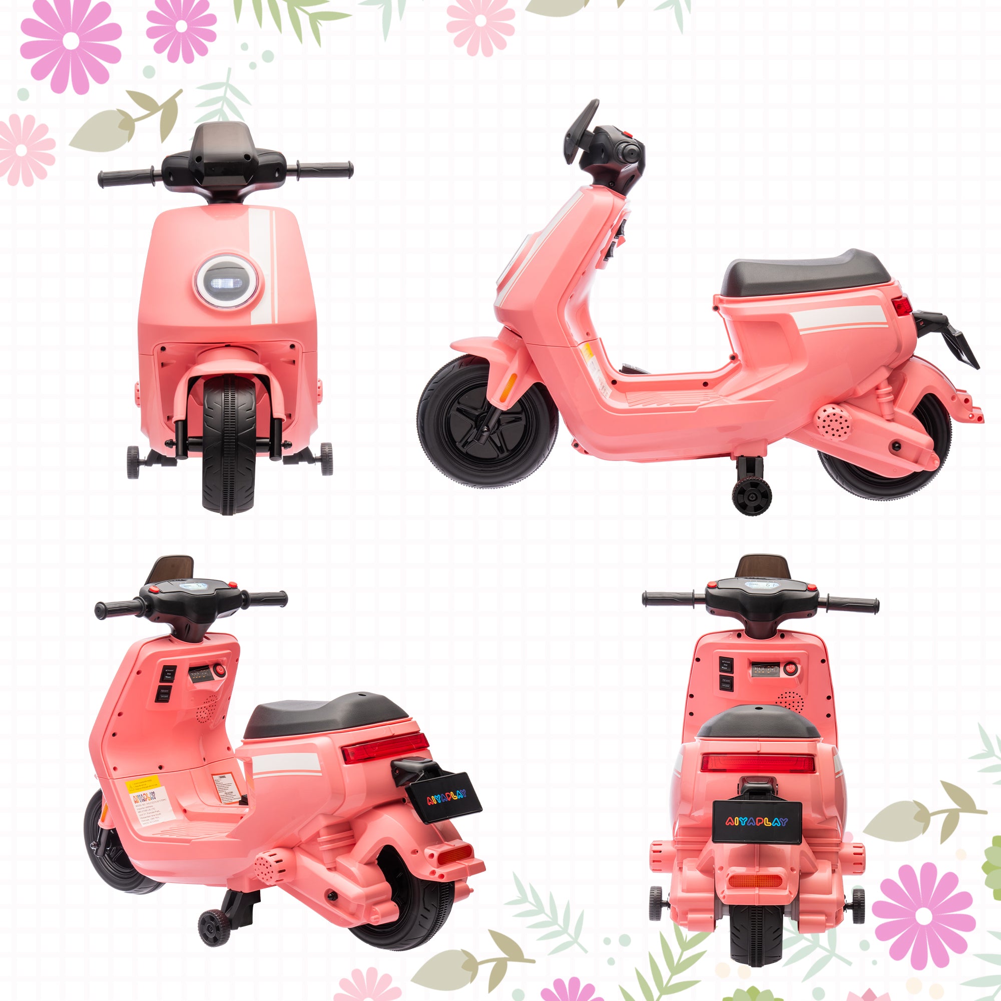 AIYAPLAY 6V Ride on Motorbike Kids Electric Motorbike w/ Headlight Music, Training Wheels, for Ages 18-36 Months - Pink