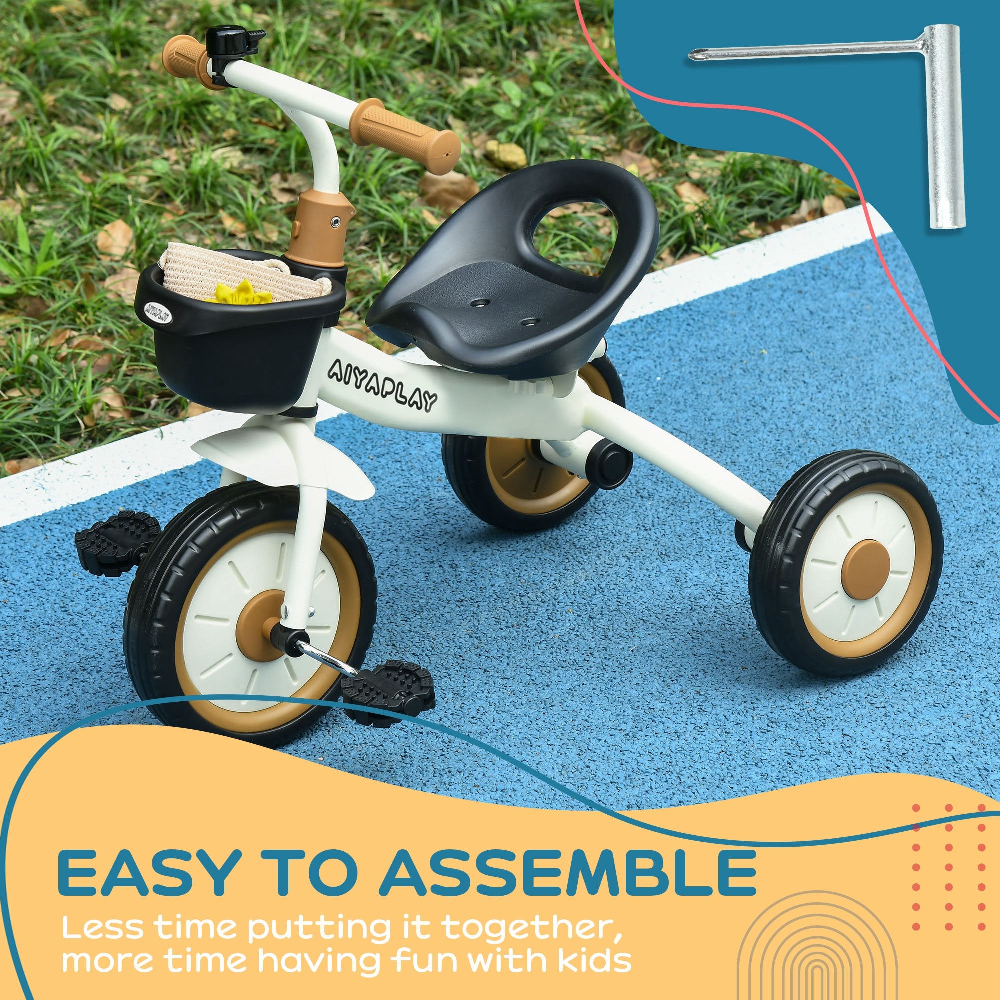 AIYAPLAY Kids Trike, Tricycle, with Adjustable Seat, Basket, Bell, for Ages 2-5 Years - White - North Peak Garden Furniture