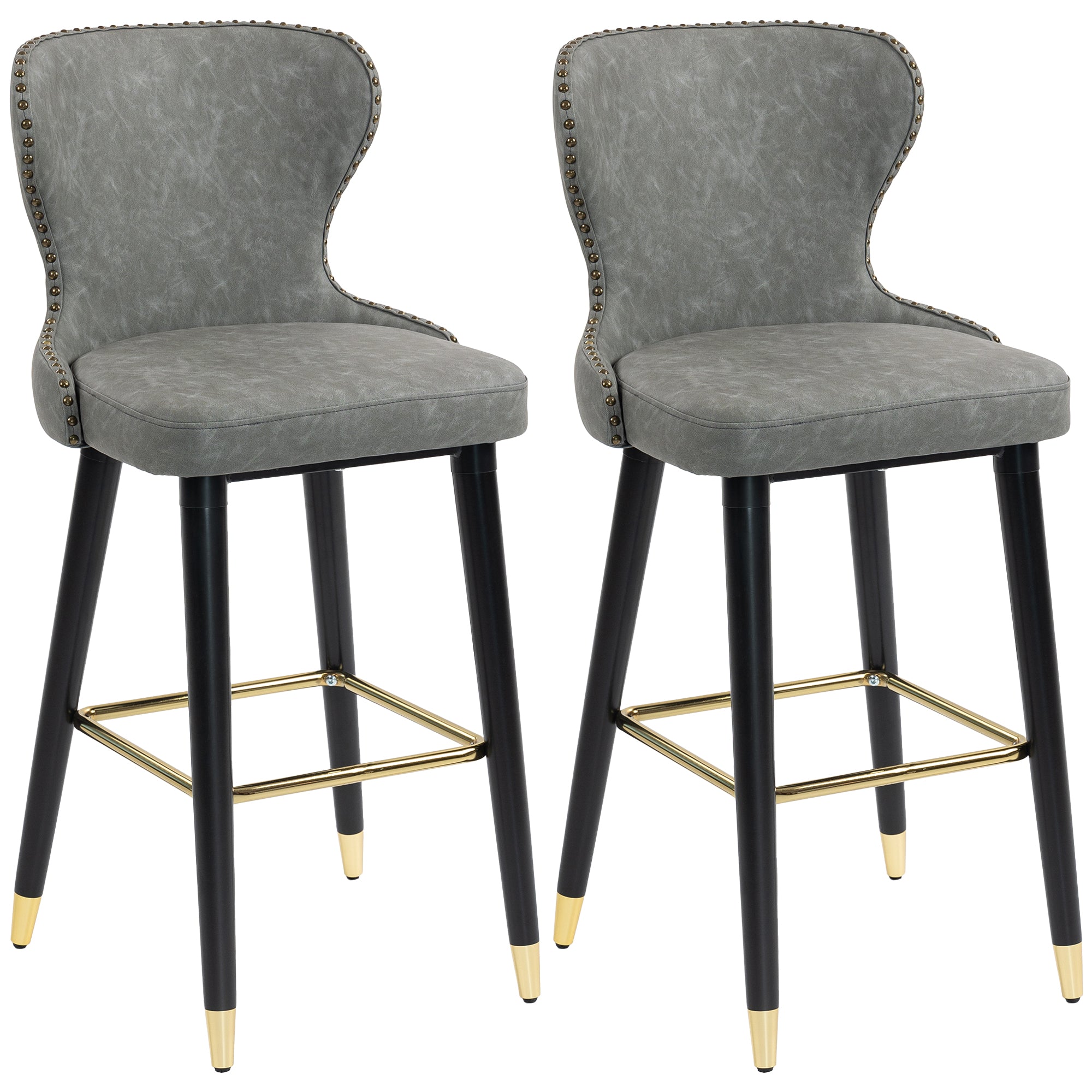 HOMCOM Bar Stools Set of 2, PU Leather Barstools with Back, Footrest and Wood Legs for Kitchen, Counter, Breakfast Bar, Grey
