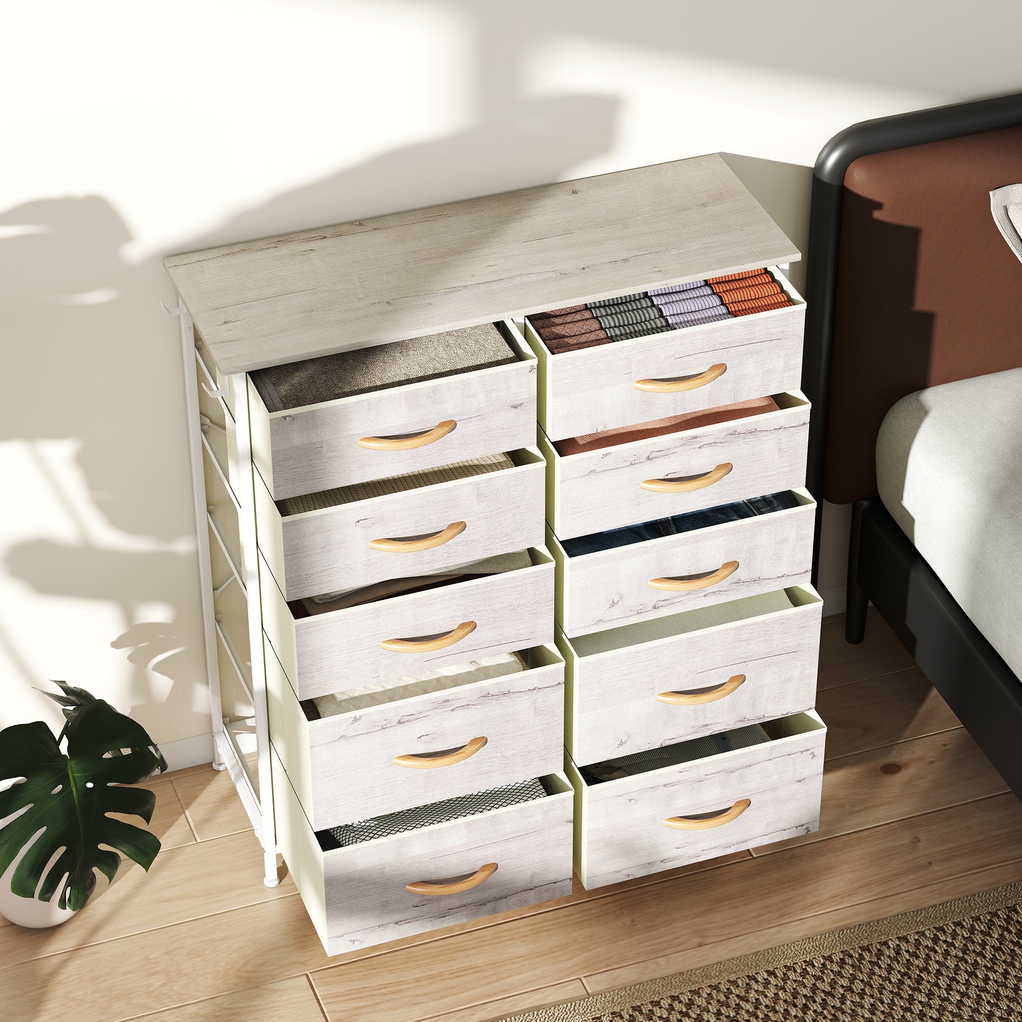 HOMCOM Chest of Ten Fabric Drawers - Natural Wood Finish
