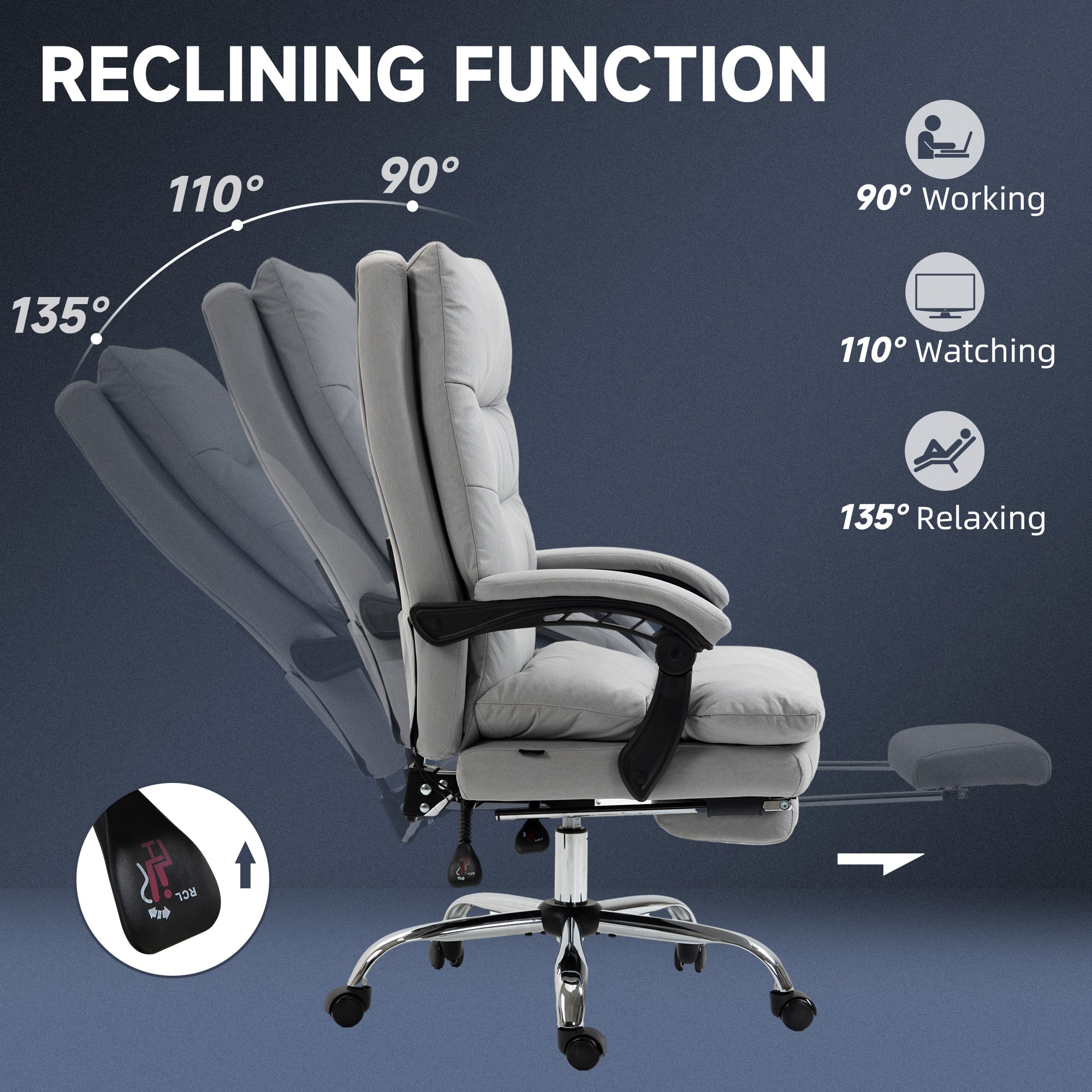 Vinsetto Office Chair, Ergonomic Desk Chair with 6-Point Vibration Massage and Back Heating, Microfibre Computer Gaming Chair with 135° Reclining Back and Footrest, Grey - North Peak Garden Furniture