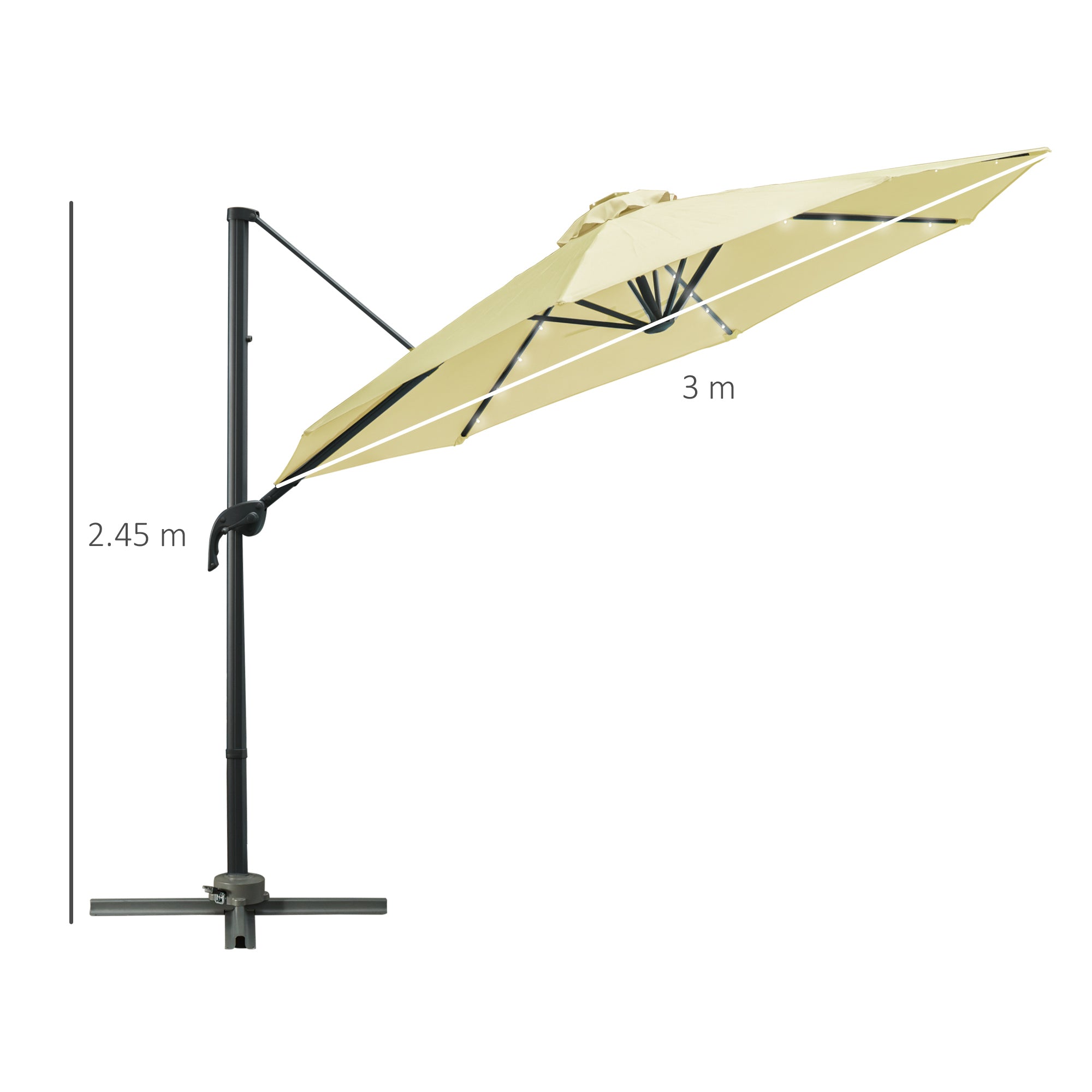 Outsunny 3(m) LED Cantilever Parasol Garden Sun Umbrella w/ Base and Solar Lights Beige - North Peak Garden Furniture