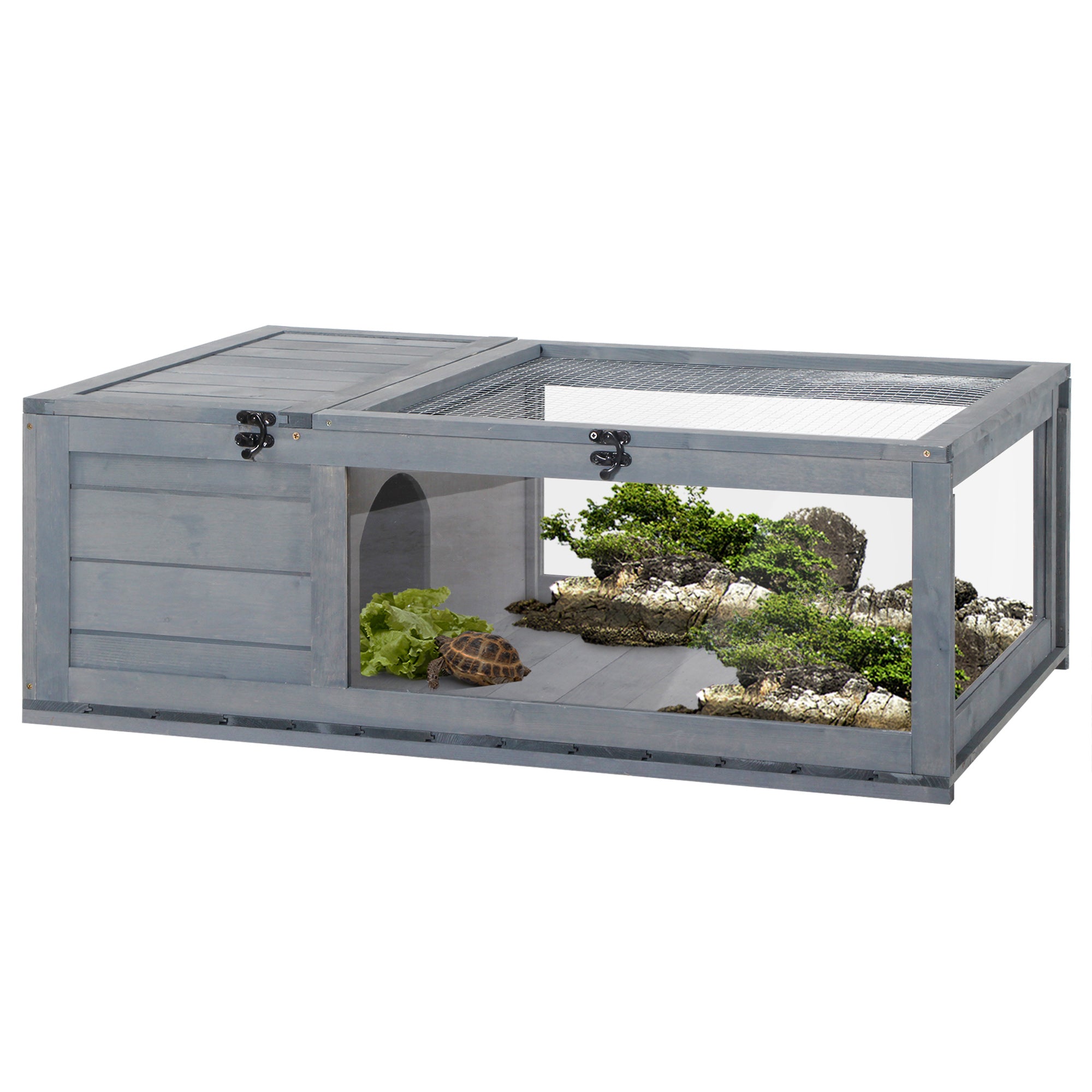 PawHut Tortoise House, Small Reptile Wooden House, with Mesh Roofs, Side Panels, for Turtles, Lizards, Geckos and Snakes