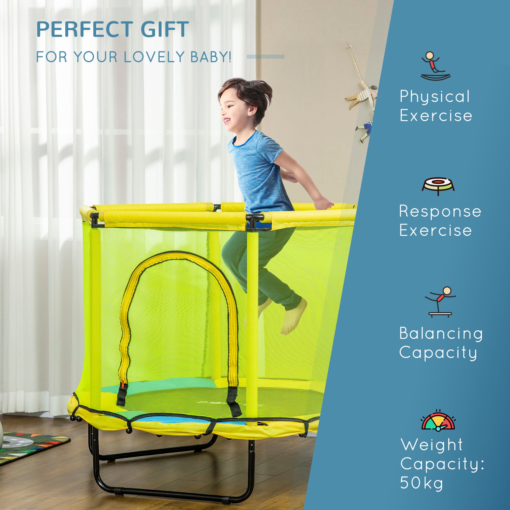 ZONEKIZ 140cm Kids Trampoline, Bungee Gym, with Safety Net, for Ages 3-10 Years - Yellow - North Peak Garden Furniture