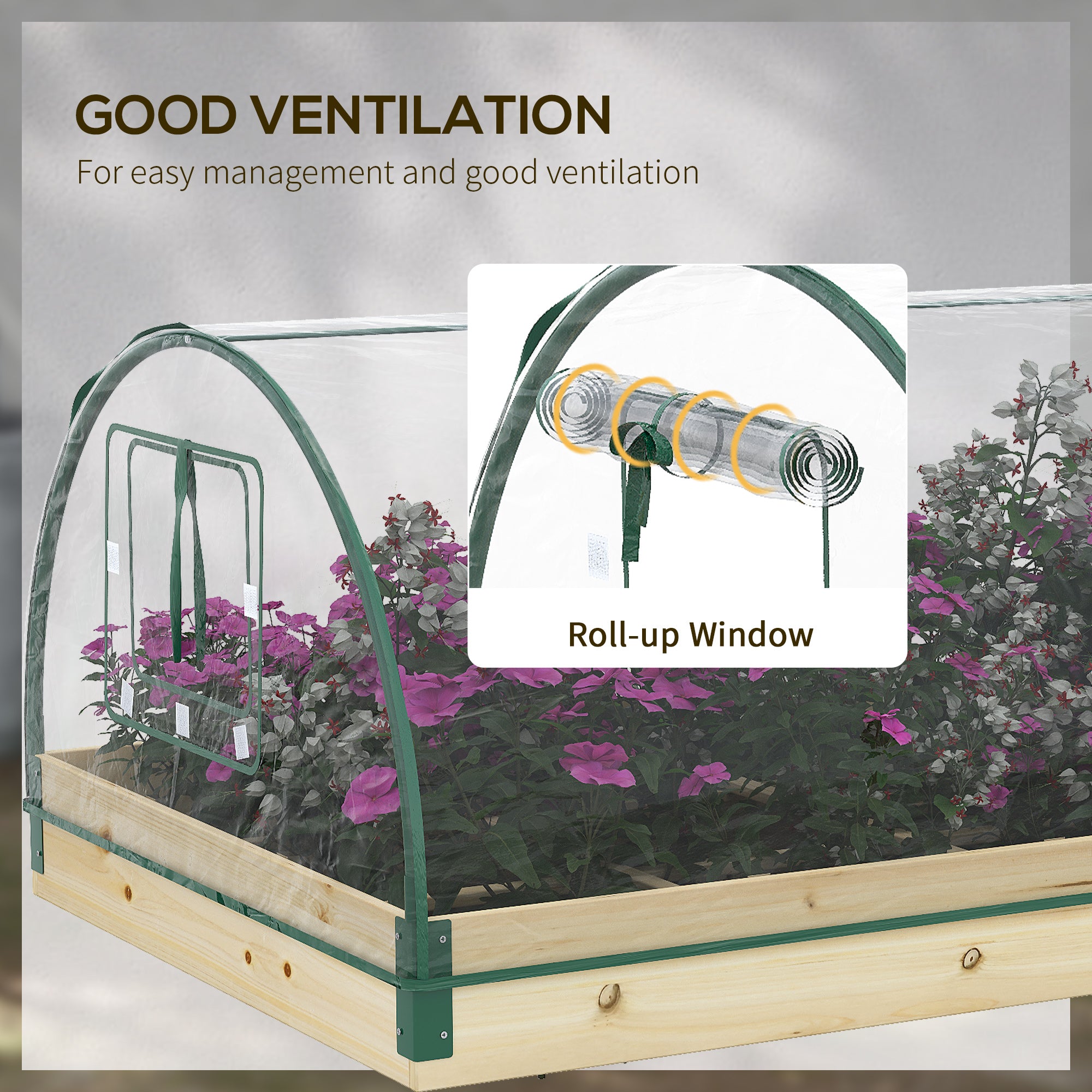 Outsunny Raised Bed with Greenhouse, Wooden Garden Planter Box with PVC Cover, Roll Up Windows, Dual Use for Vegetables, Plants, Flowers, 115 x 80 x 54 cm, Natural Wood Effect - North Peak Garden Furniture