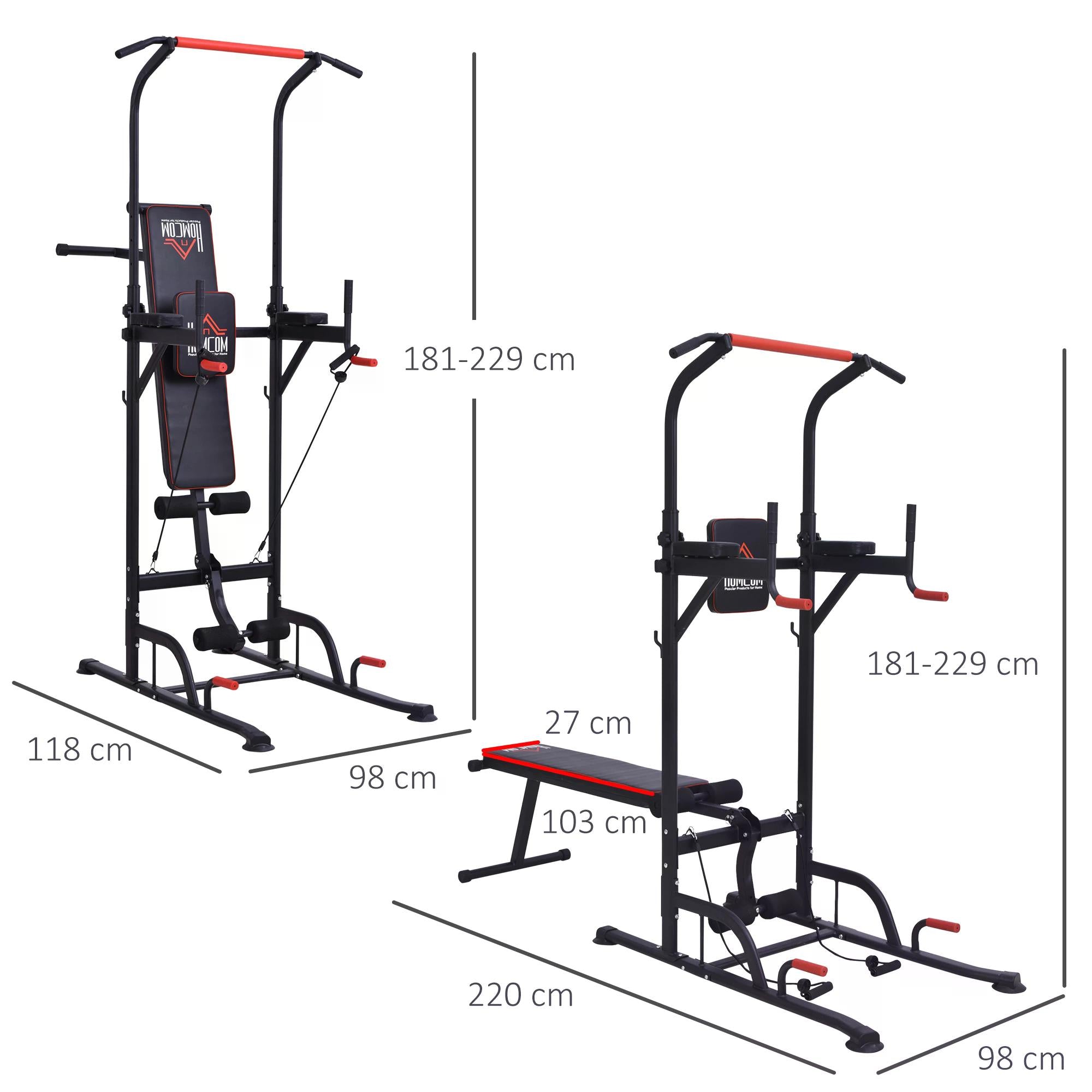 HOMCOM Multifunction Power Tower Home Workout Dip Station w/ Sit-up Bench Push-up Bars and Tension Ropes Fitness Equipment Office Gym Training