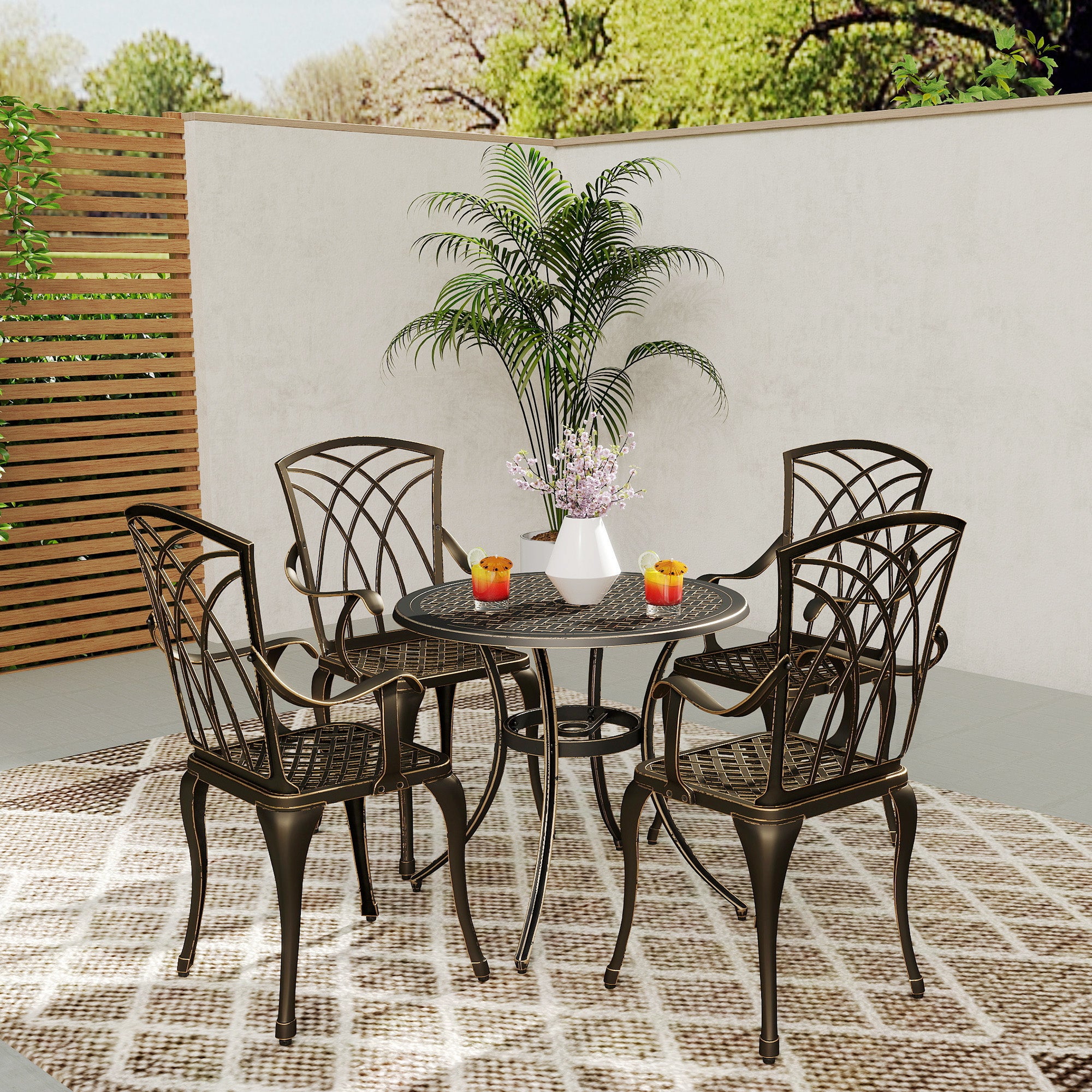 Outsunny 5 Pieces Garden Dining Set for 4, Cast Aluminium Outdoor Dining Set with 4 Armchairs and Round Dining Table with Parasol Hole, Garden Furniture Set, Bronze Tone - North Peak Garden Furniture